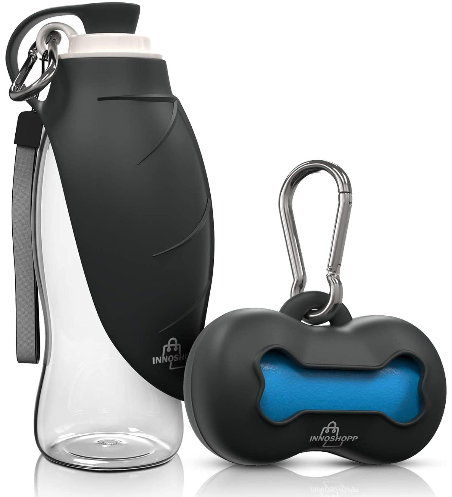 Innoshopp Dog Water Bottle - Portable & Leak Proof Dispenser for Dogs - BPA Free with Carabiner - Ideal for Walking, Hiking, Travel - Black - Buy Online on GoSupps.com