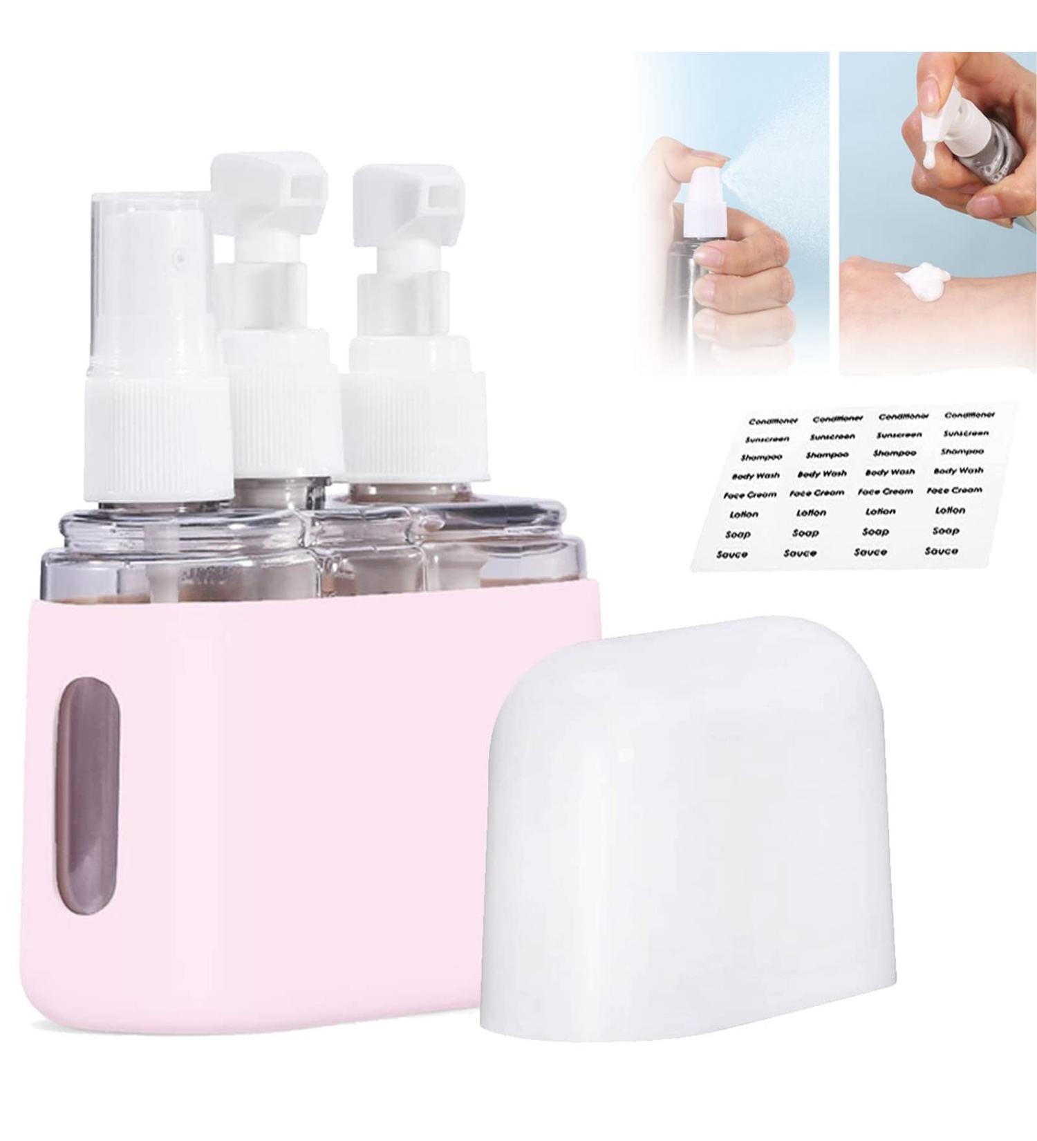 Mini Shampoo Dispenser Set | Portable Travel Bottles for Toiletries | 3 in 1 Pink Travel Containers with Labels - Buy Online on GoSupps.com
