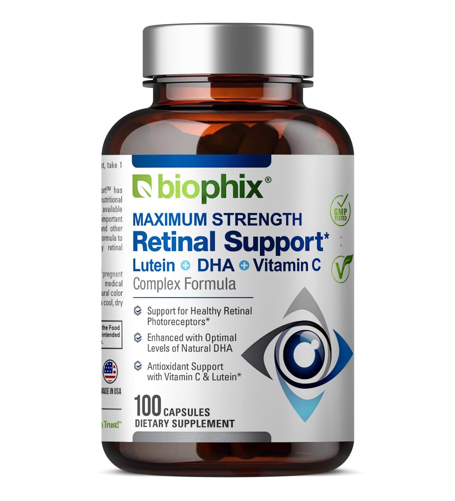biophix Retinal Support Maximum Strength Complex Formula 100 Capsules - Zinc Vitamin C E Lutein DHA Omega-3 Astaxanthin Hyaluronic Acid - Supports Eye Vision Health