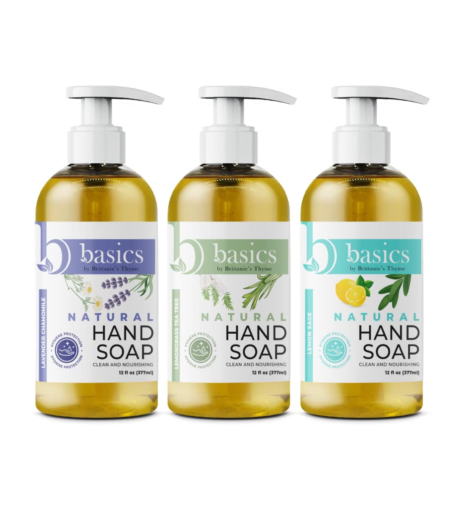 Brittanie's Thyme Basics Natural Olive Oil Hand Soap 12 fl oz Pack of 3 - Lavender Chamomile, Lemongrass, Tea Tree & Lemon Sage | Cruelty-Free, Vegan, Paraben, and Phthalate-Free - Buy Online on GoSupps.com
