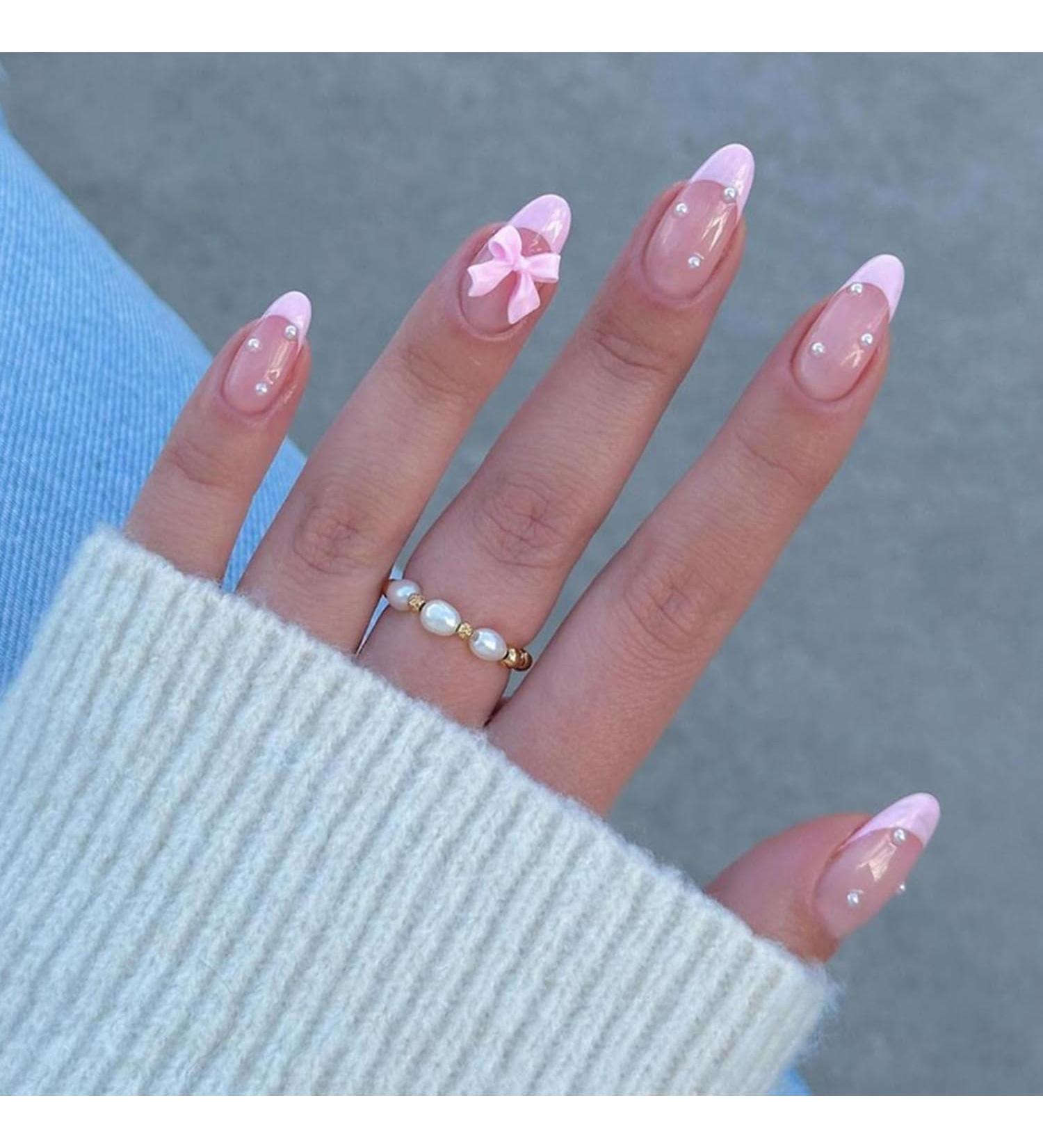 24Pcs Cute Pink French Press On Nails - Almond Shape Bow & Pearl Design - Luxury False Nails for Women - Full Cover Acrylic Manicure Accessories - Buy Online on GoSupps.com