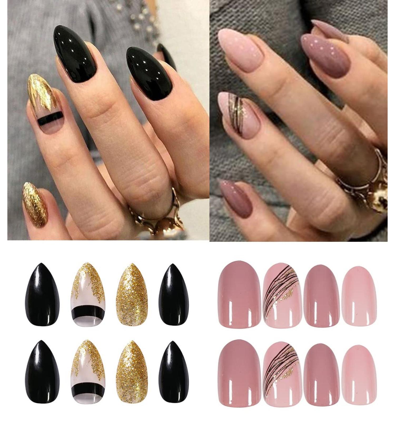 Sethexy Almond Short False Nails - Pink & Black - 48 Piece Press-On Acrylic Nails with Glue for Women & Girls - Perfect for Easy Nail Art - Buy Online on GoSupps.com