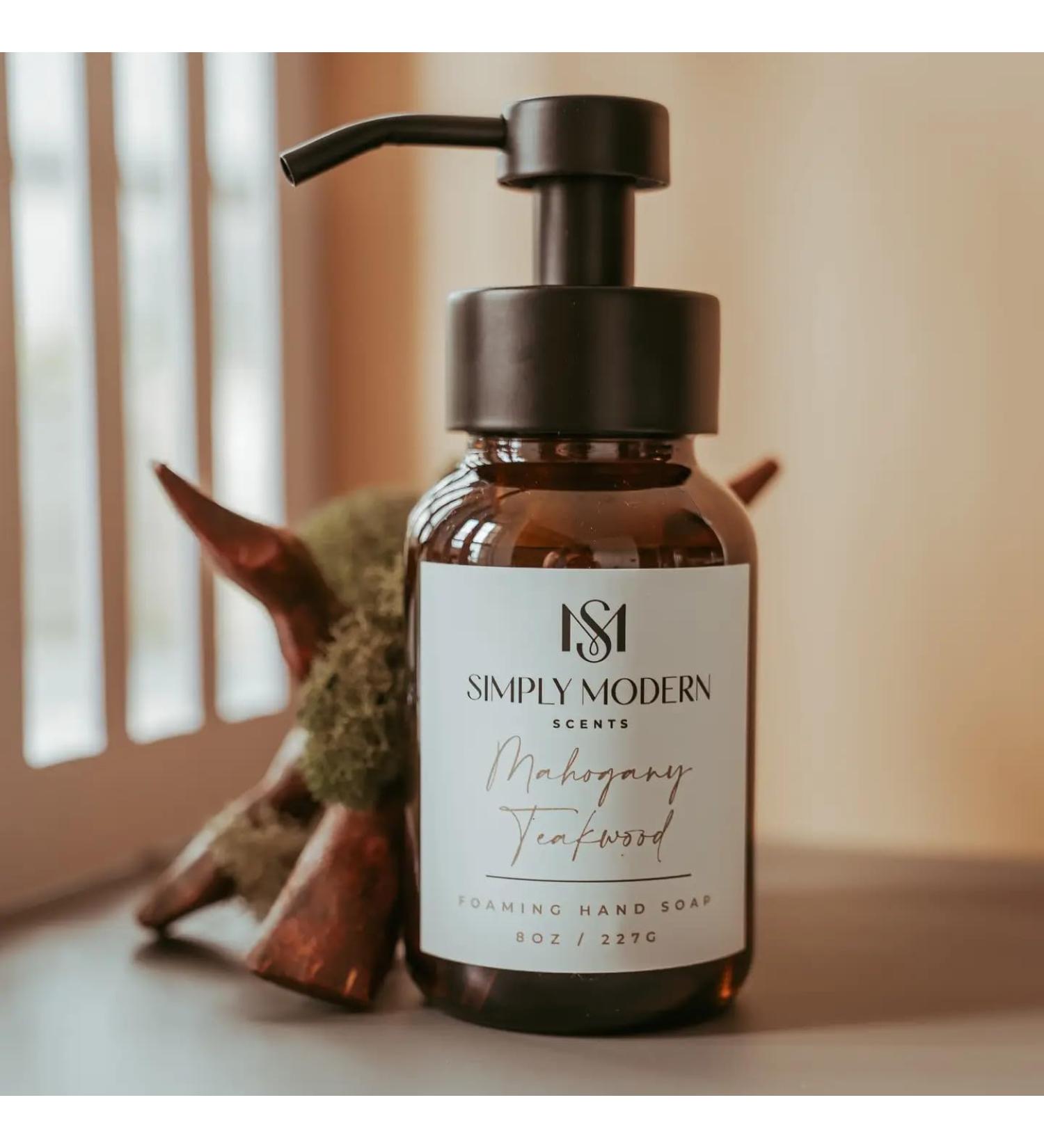 Simply Modern Scents Mahogany Teakwood Foaming Hand Soap 8 Fl Oz Organic Ingredients Amber Glass Bottle with Pump Dispenser