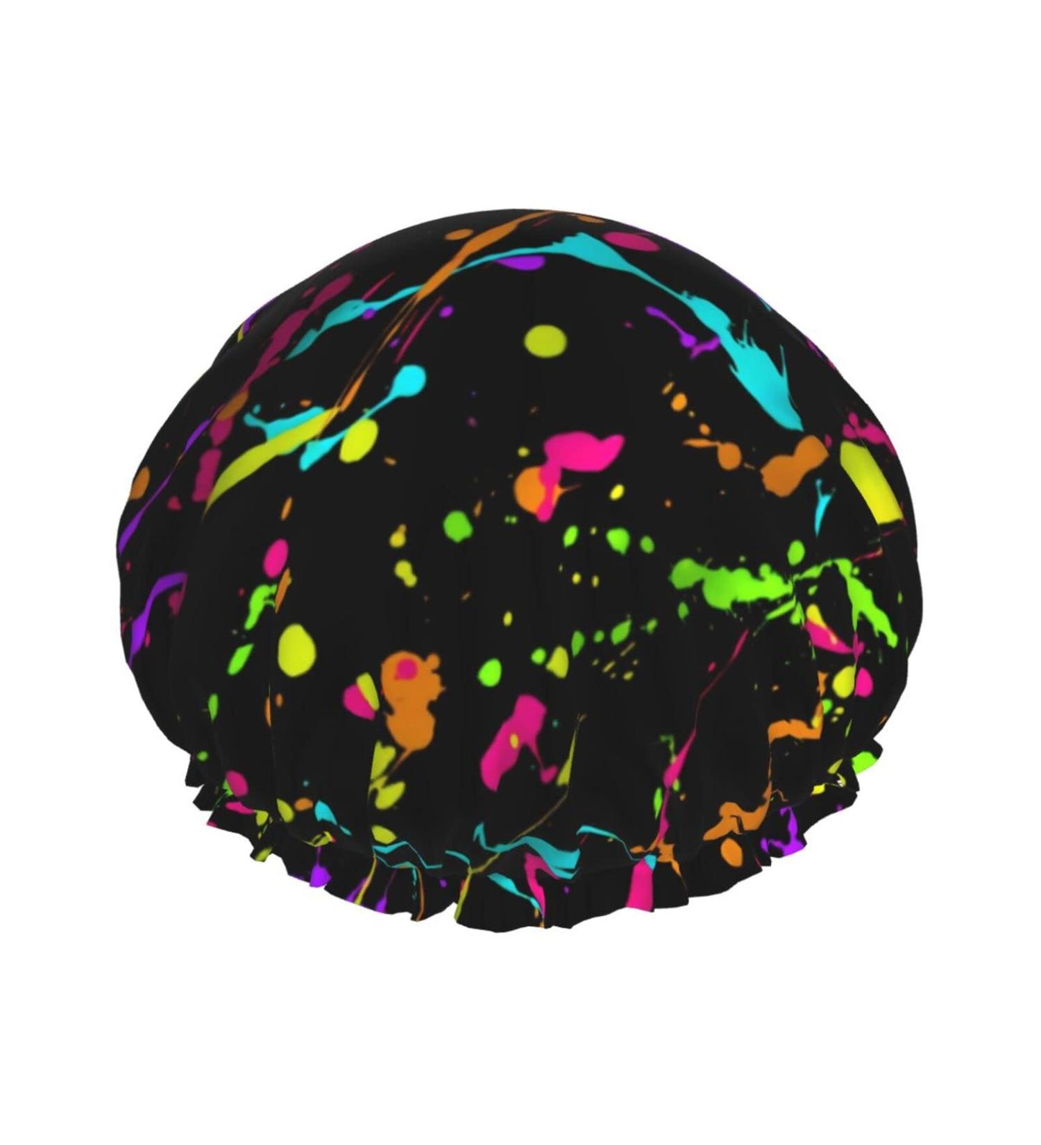 Glow in Dark Splatter Neon Reusable Shower Cap for Men and Women - Double Layer Waterproof Bathing Hat for Long Hair Protection - Buy Online on GoSupps.com