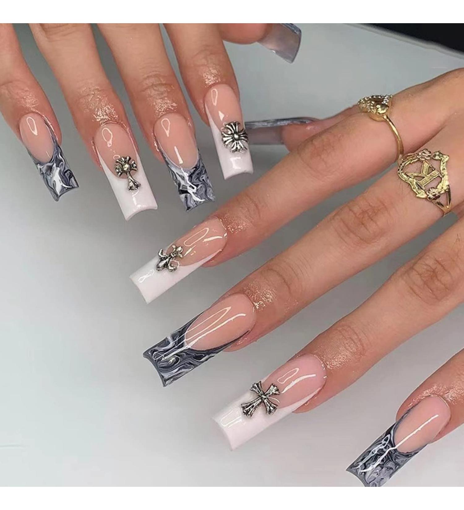 Kikmoya Extra Long Black Fake Nails Coffin White Press on Nails French Tips with Cross Design - Pink Cross | 24pcs Glossy False Nails for Women and Girls - Buy Online on GoSupps.com