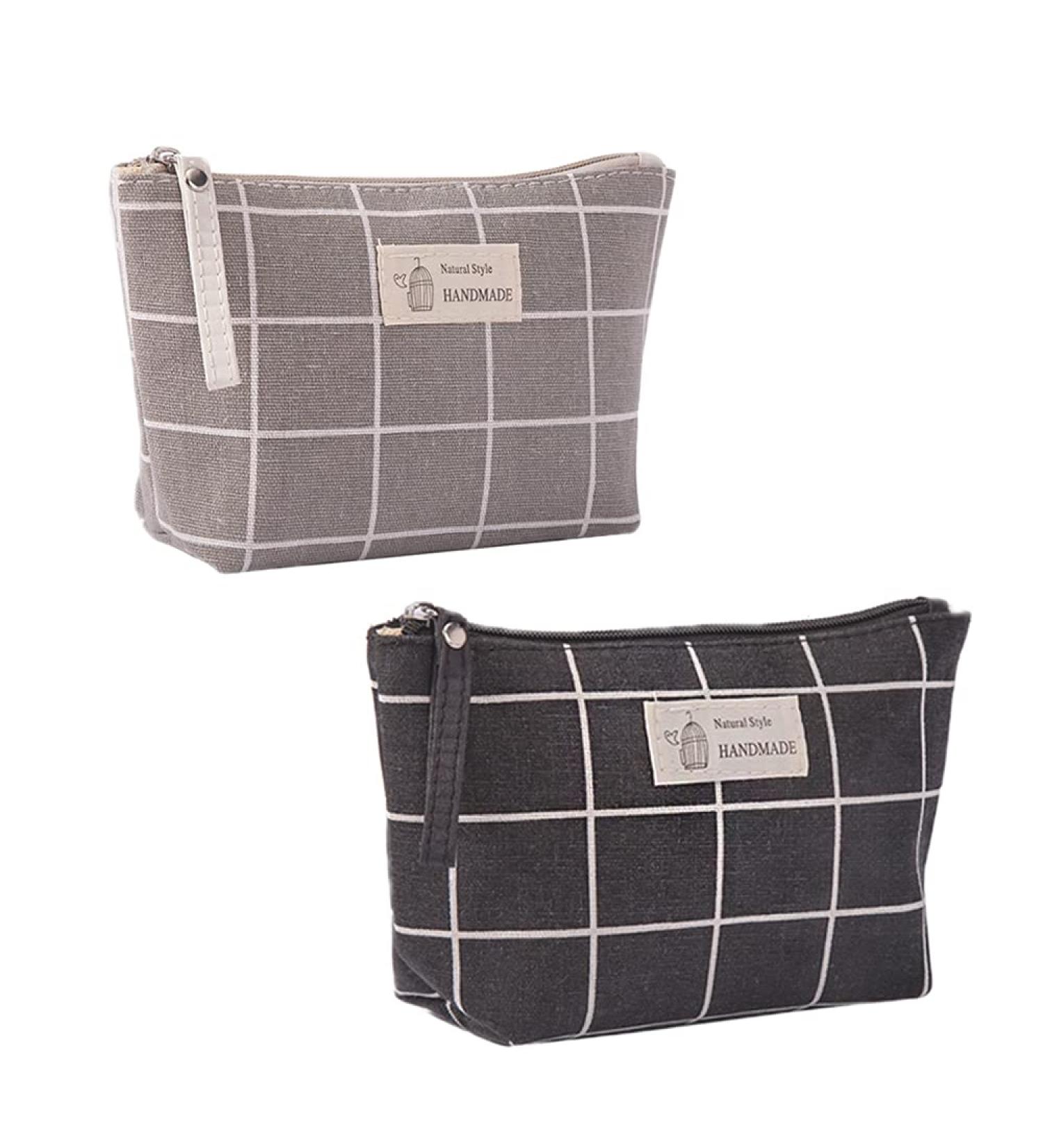 Shop Multifunctional Canvas Makeup Bag Set - 2 Portable Cosmetic Bags for Travel Office & School - Black/Gray Checkered - Buy Online on GoSupps.com