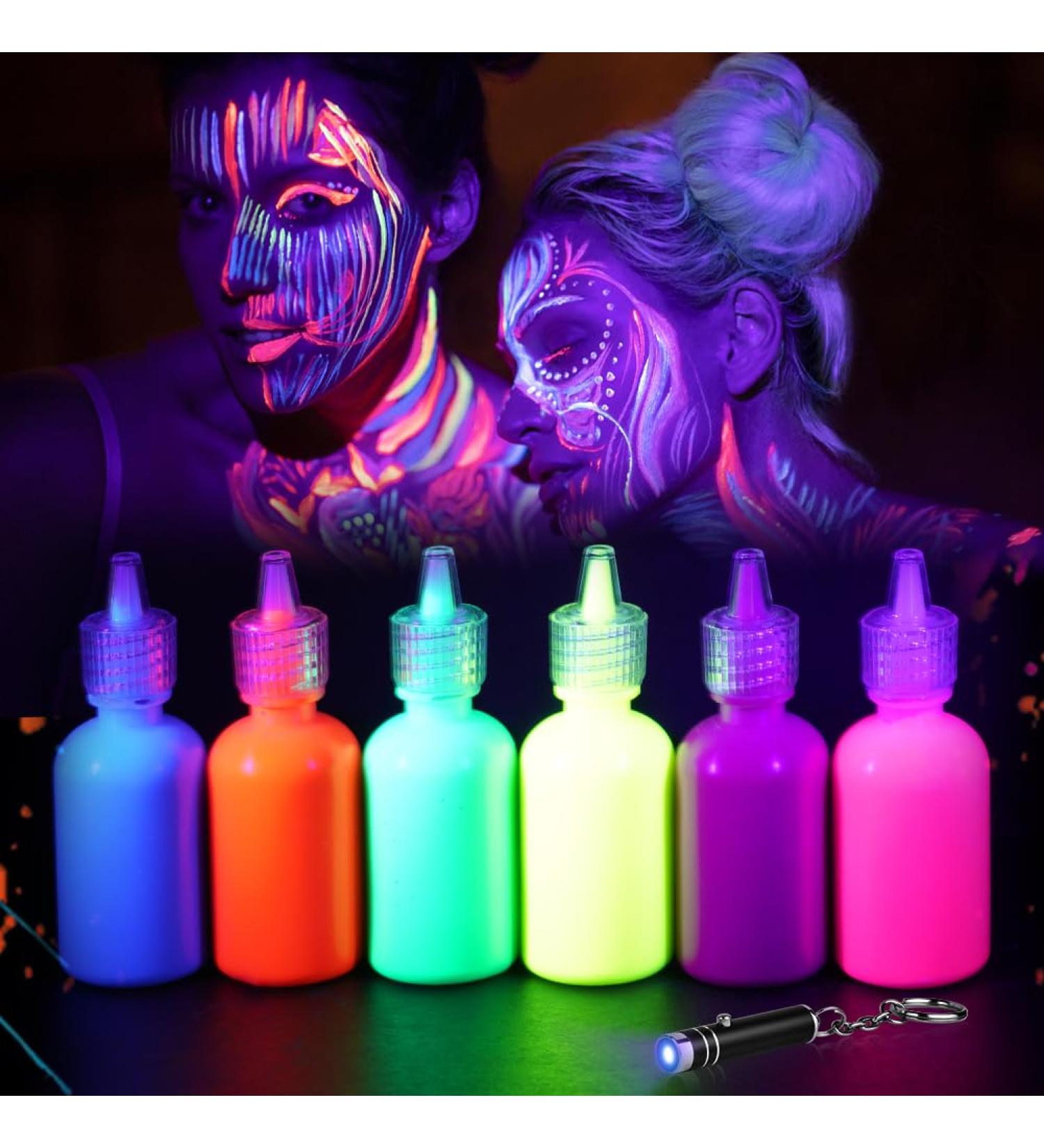 LOPHE UV Body Painting Set 6 Pcs 30ML Ultraviolet Glow Face Paint with UV Lamp UV Glowing Neon Liquid Face Painting Non Toxic Face Body Paint for Carnival Halloween Cosplay Makeup Art Paint - Buy Online on GoSupps.com