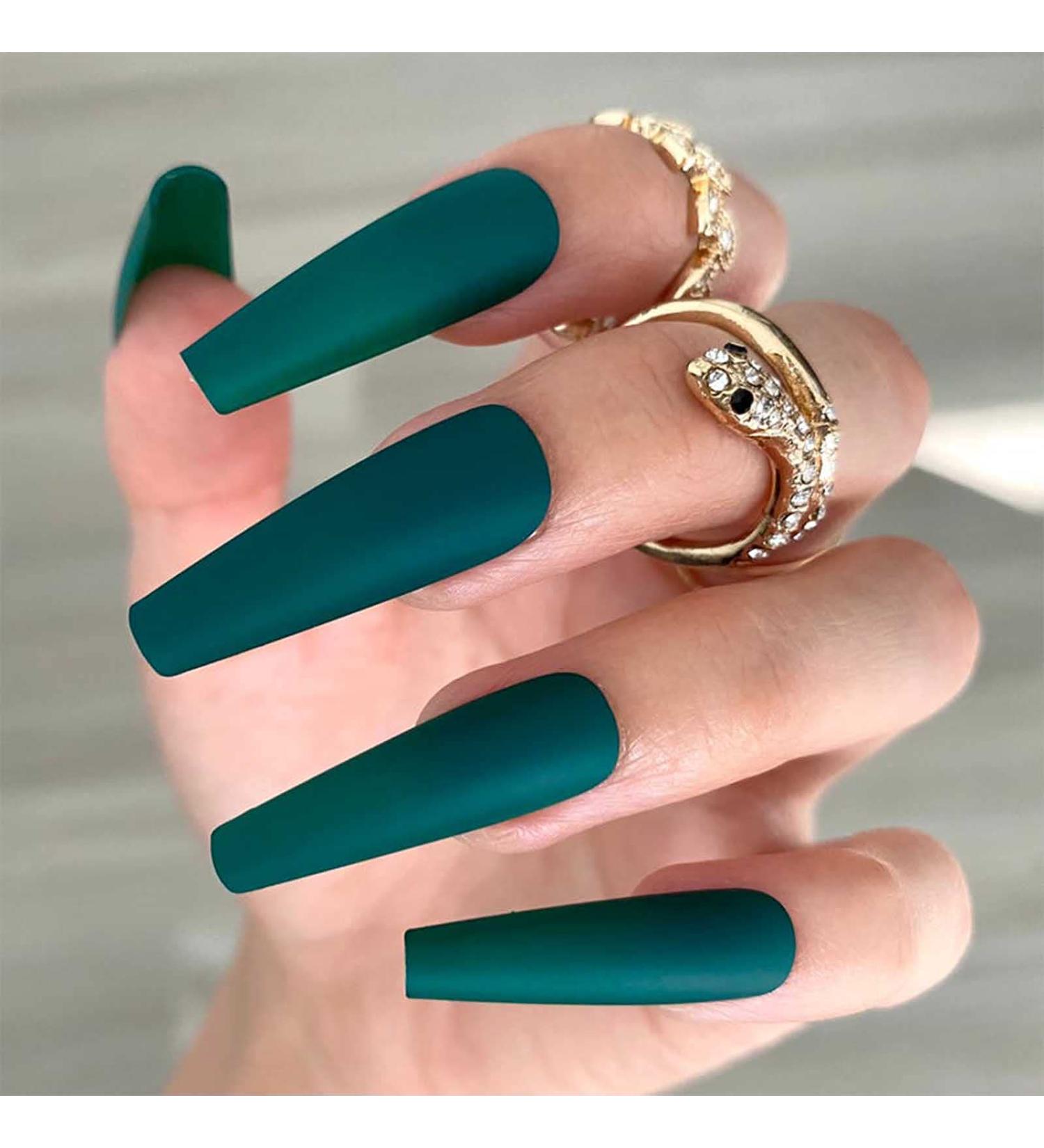 Yheakne 24-Piece Long Coffin Ballerina Green Matt French Artificial Nails for Women & Girls - Punk Luxury Clipping - Buy Online on GoSupps.com