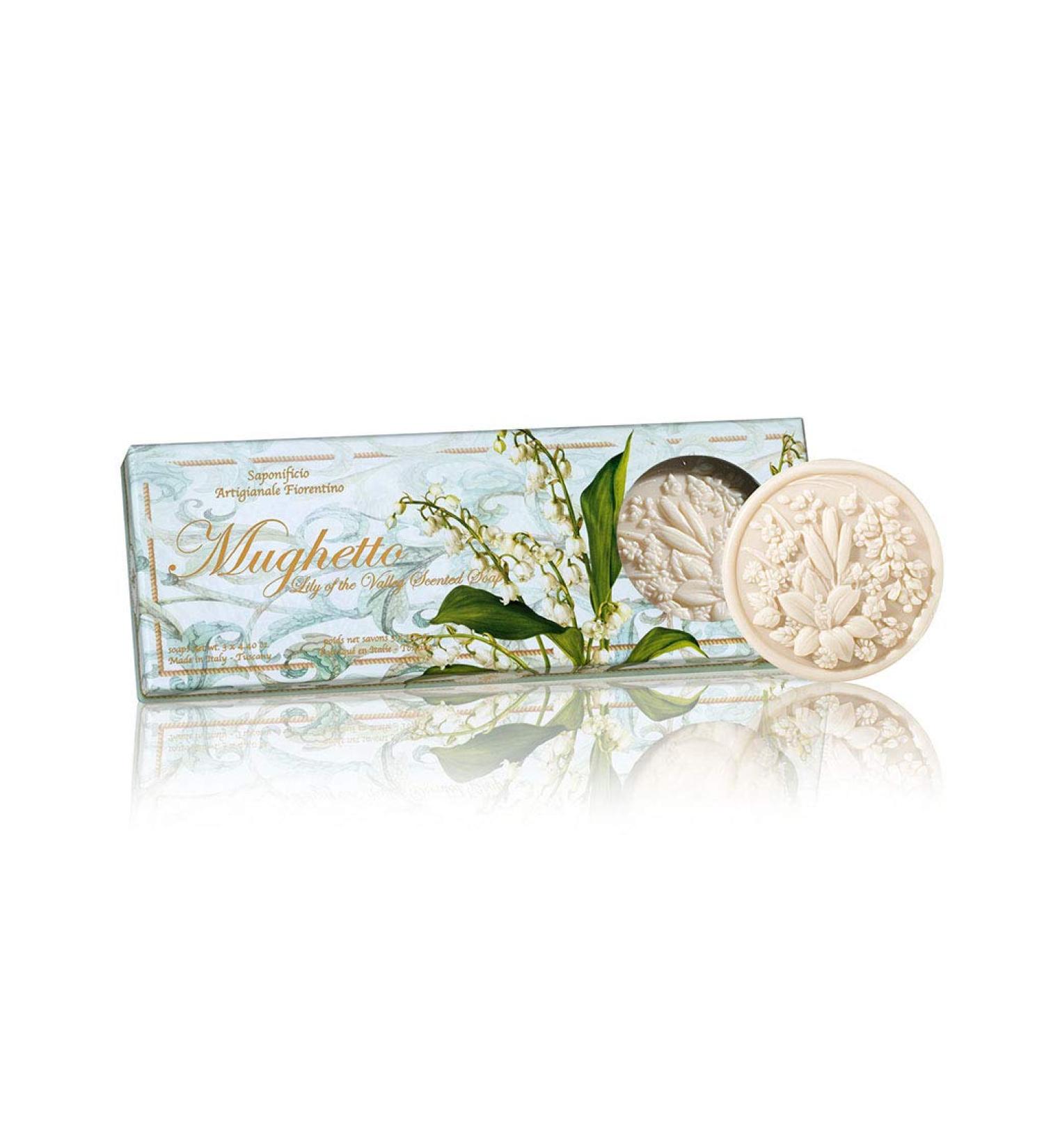 Italian Lily of the Valley Soap Gift Box Set of 3 round sculpted natural soaps with flowers 3 x 125g