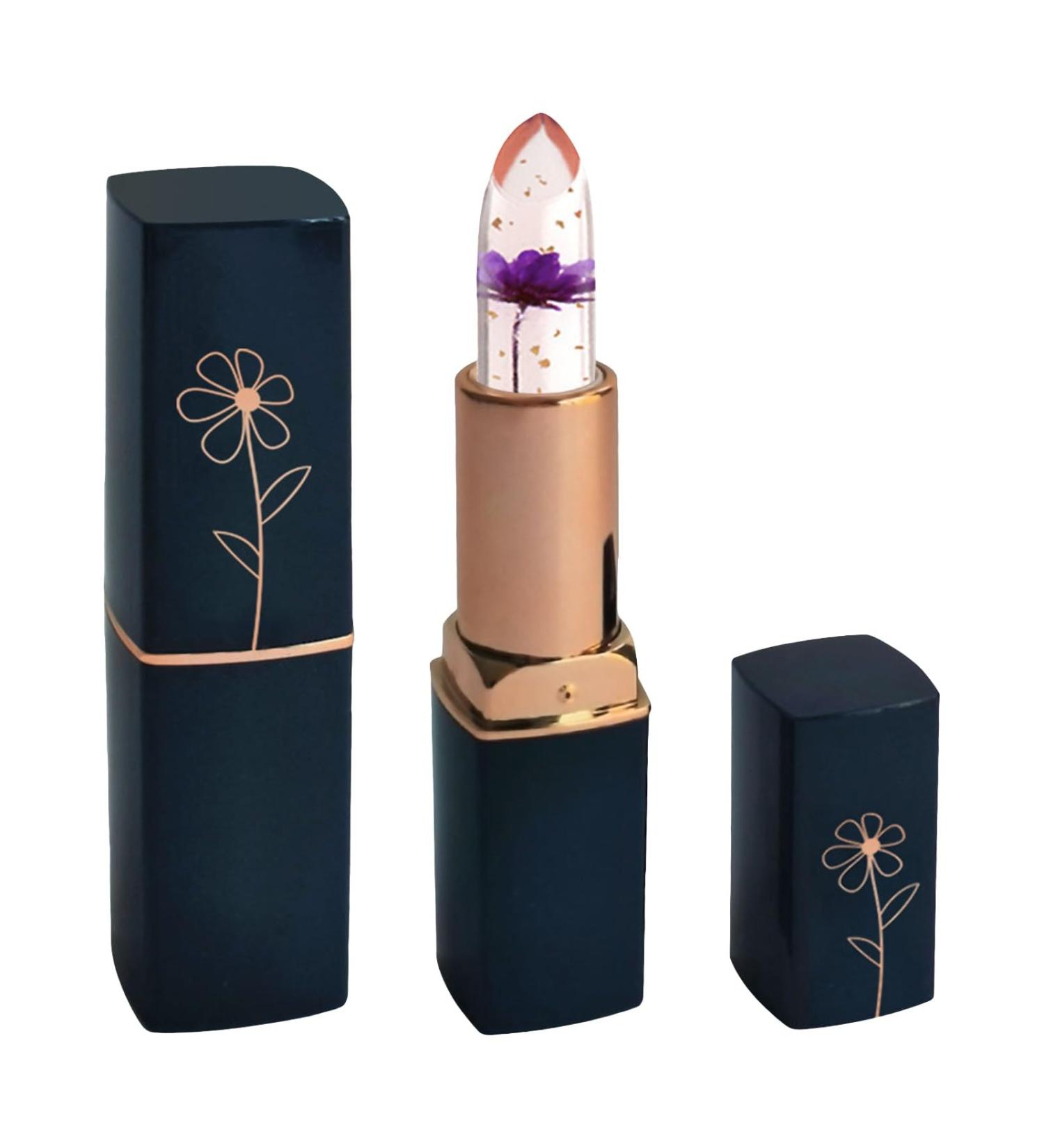 LZPCarra Dark Blue Tube Transparent Dried Flower Lipstick Gold Leaf Jelly Colour Changing Moisturising Lip Balm Moisturising Lip Care (F One Size) 1 count (Pack of 1) F - Buy Online on GoSupps.com