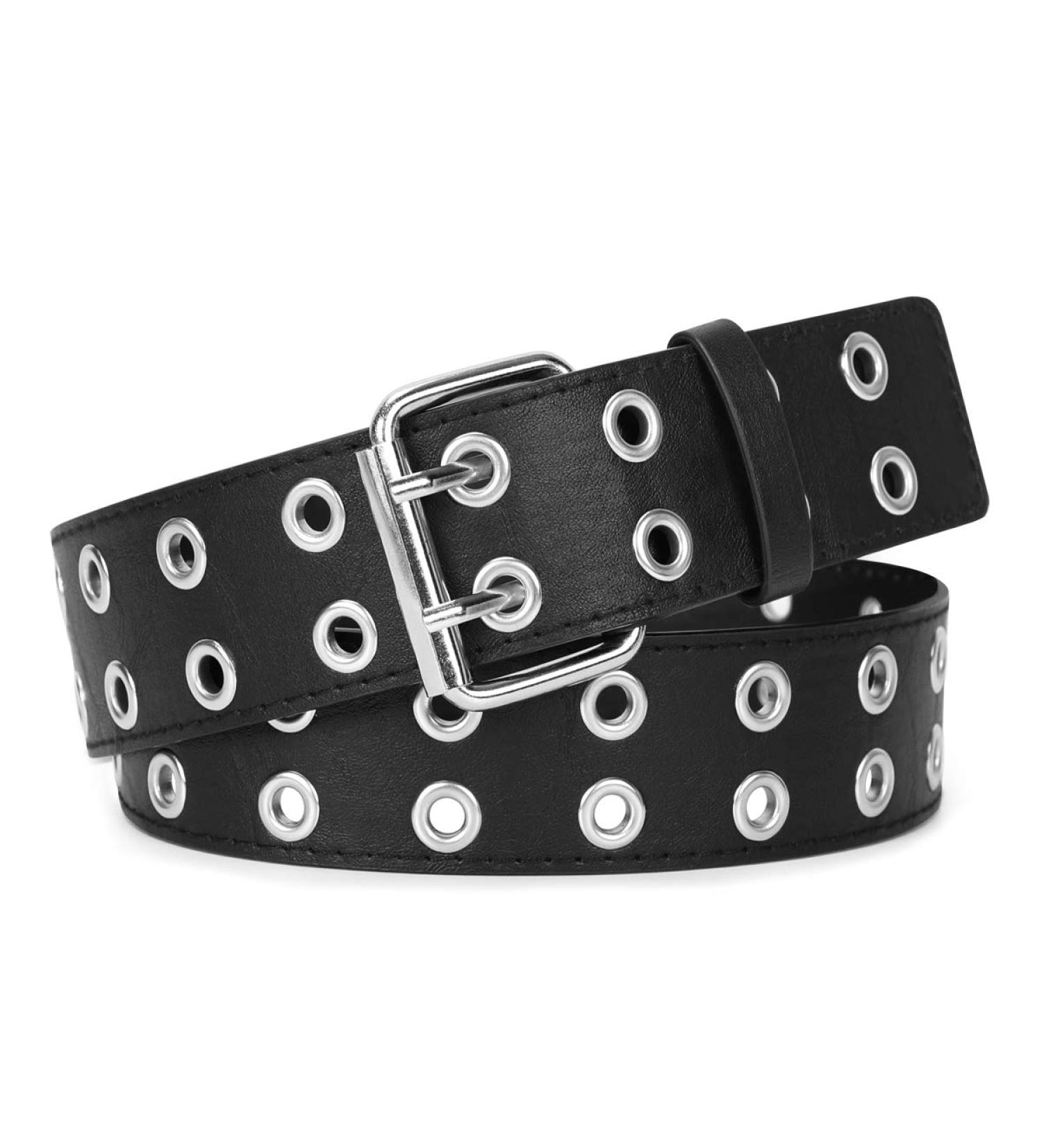 Double Grommet PU Leather Punk Belt for Women Men - 1.5 Wide 2 Hole Belts - A-Black - Fits Waist Up to 34 - Buy Online on GoSupps.com