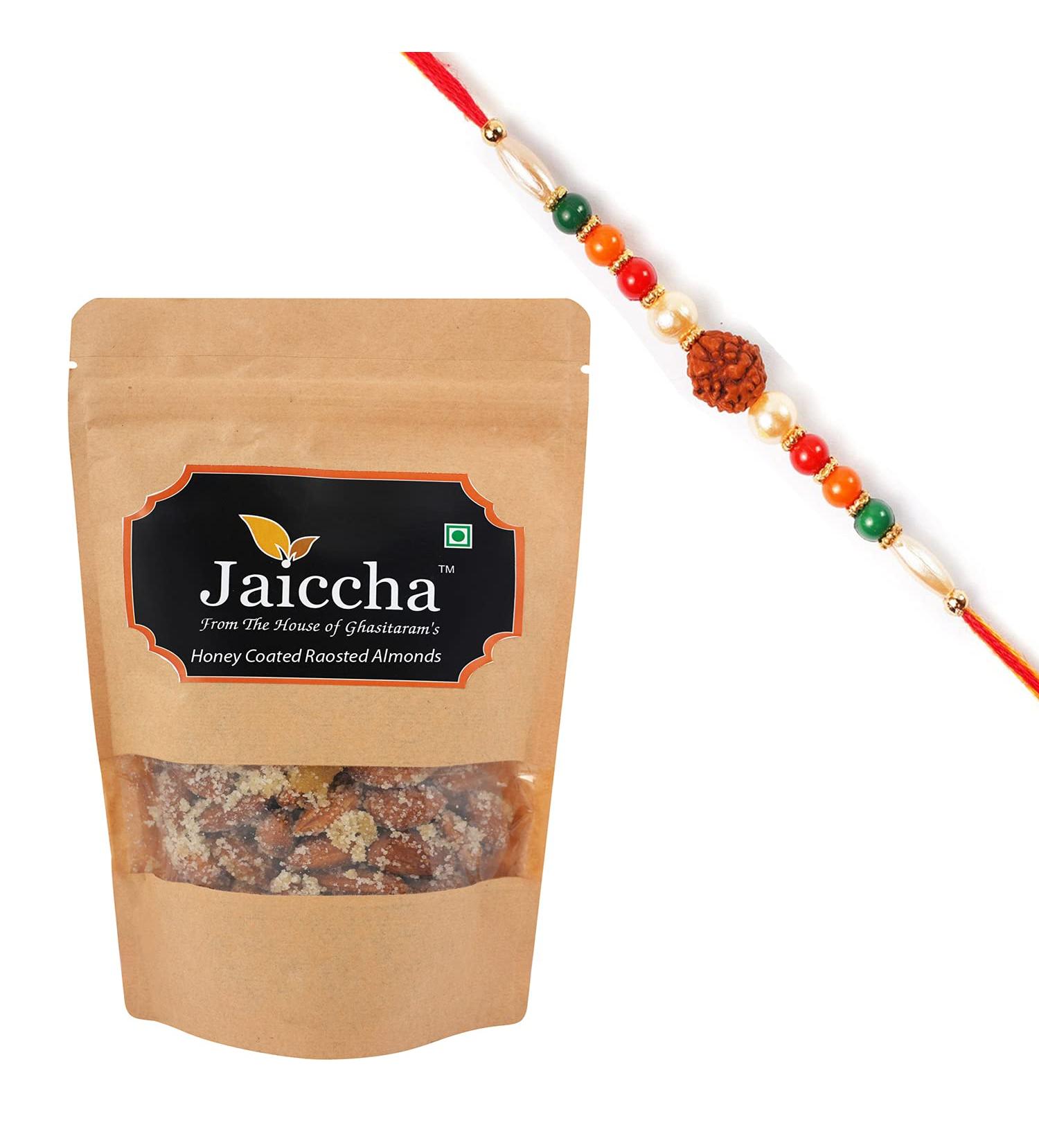 Jaiccha Ghasitaram Rakhi Gifts for Brothers Rakhi Dryfruits - Honey Coated Roasted Almonds 200 GMS in Brown Paper Pouch with Rudraksh Rakhi - Buy Online on GoSupps.com