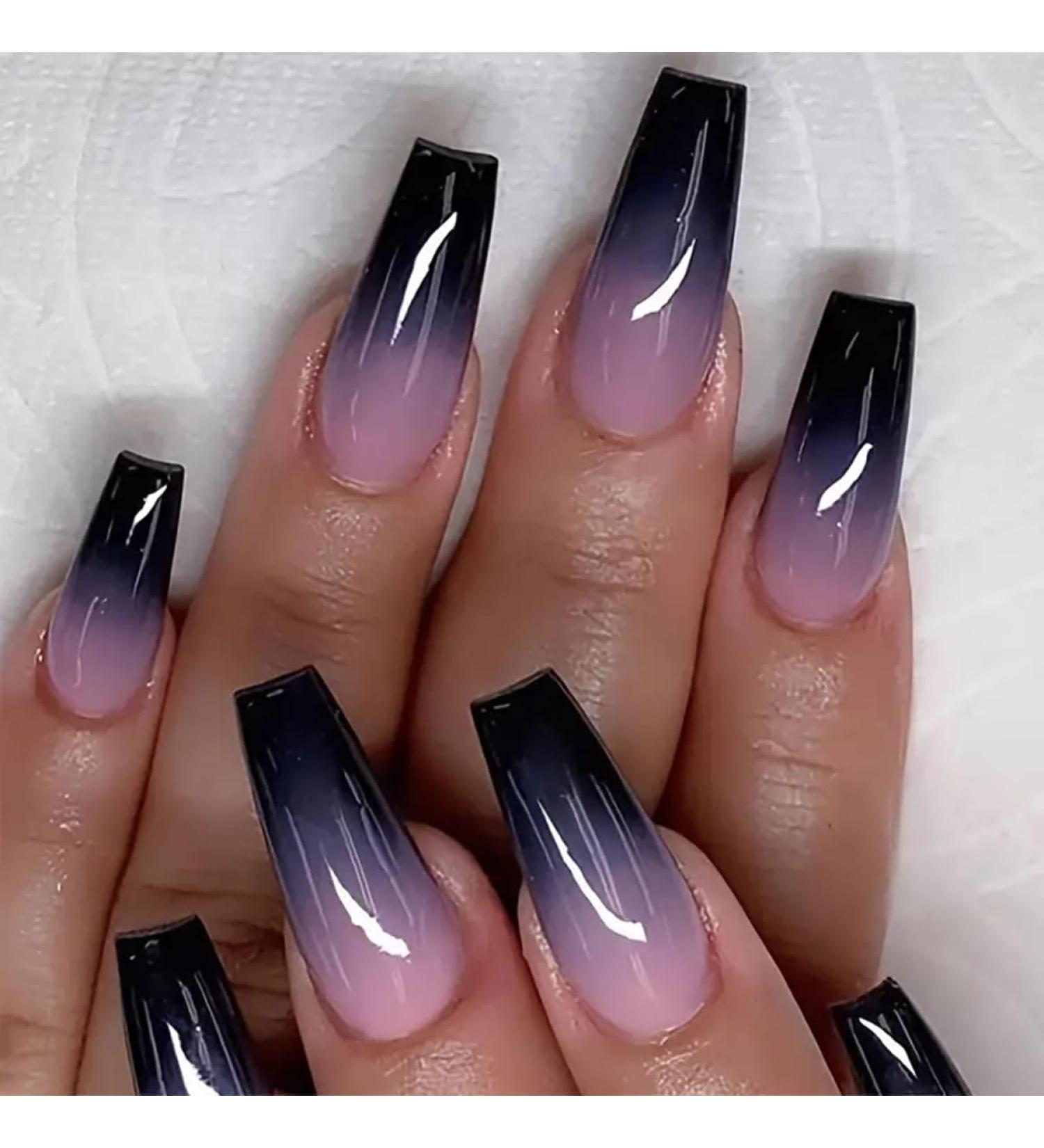 Shop Long Press on Nails - Purple & Black Gradient Coffin Style | Reusable Acrylic French False Nails for Women & Girls - Buy Online on GoSupps.com