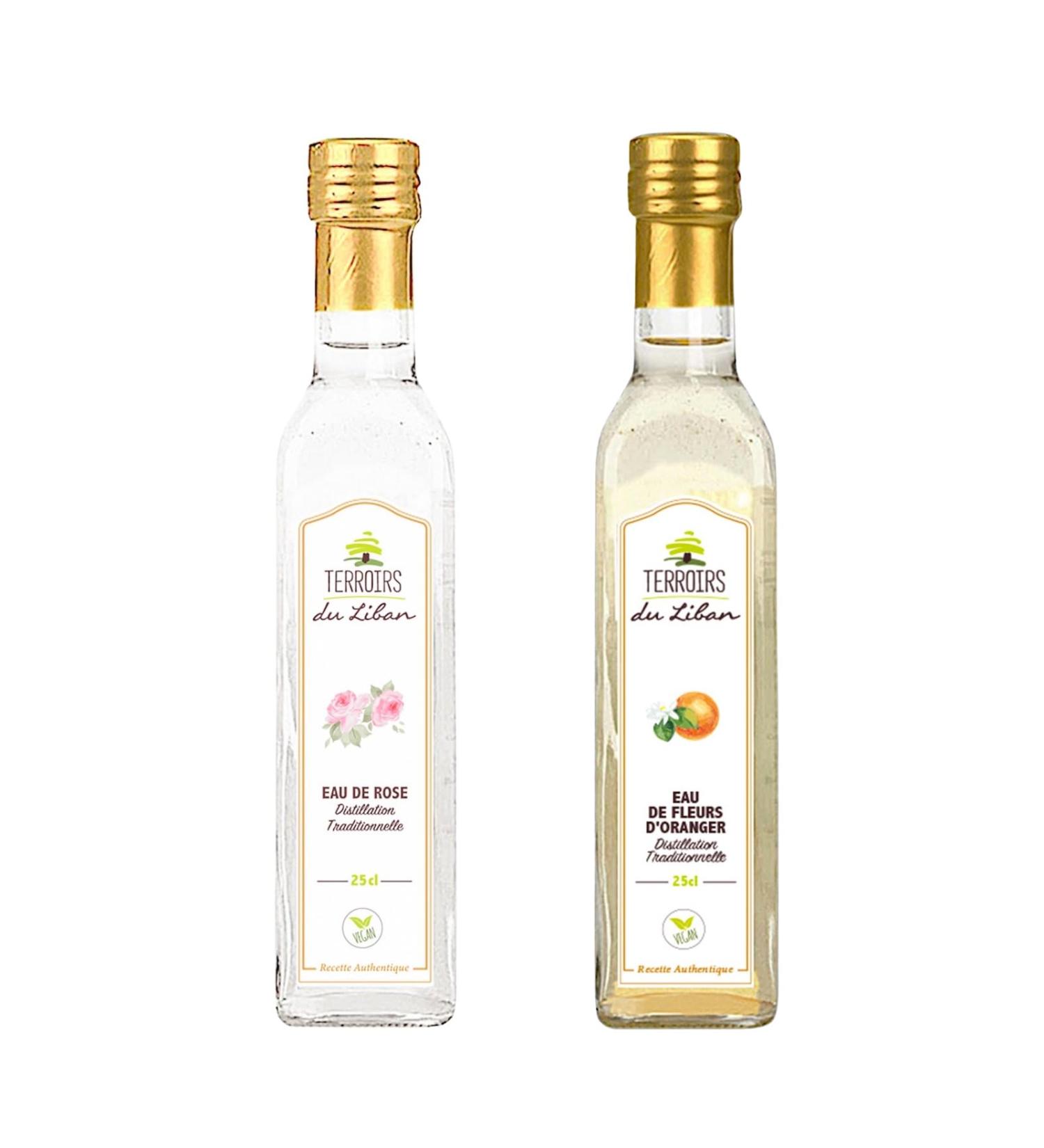 Lot produits libanais - Eau Florale Alimentaire pour P tisseries et Cocktails : Eau de Fleurs d'Oranger + Eau de Rose - 2x25cl - Liban - Buy Online on GoSupps.com