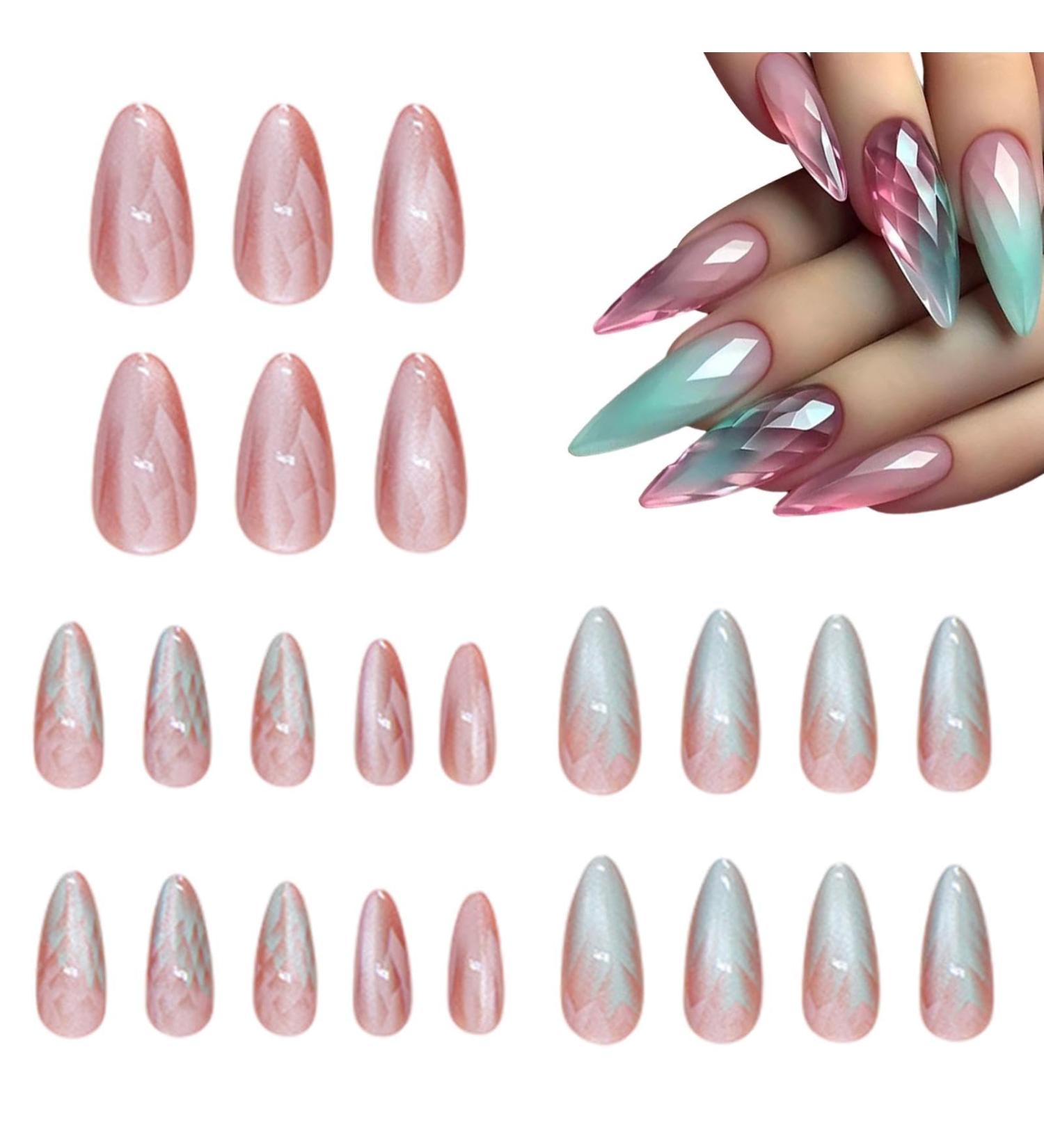 False Nails - Press On Nails Ombre Fake Nails Medium False Nails Ombre | Almond Cat Eye Medium Fake Nails Includes 24 Press On Nails and Nail File For Woman Girl 12 Sizes - Buy Online on GoSupps.com