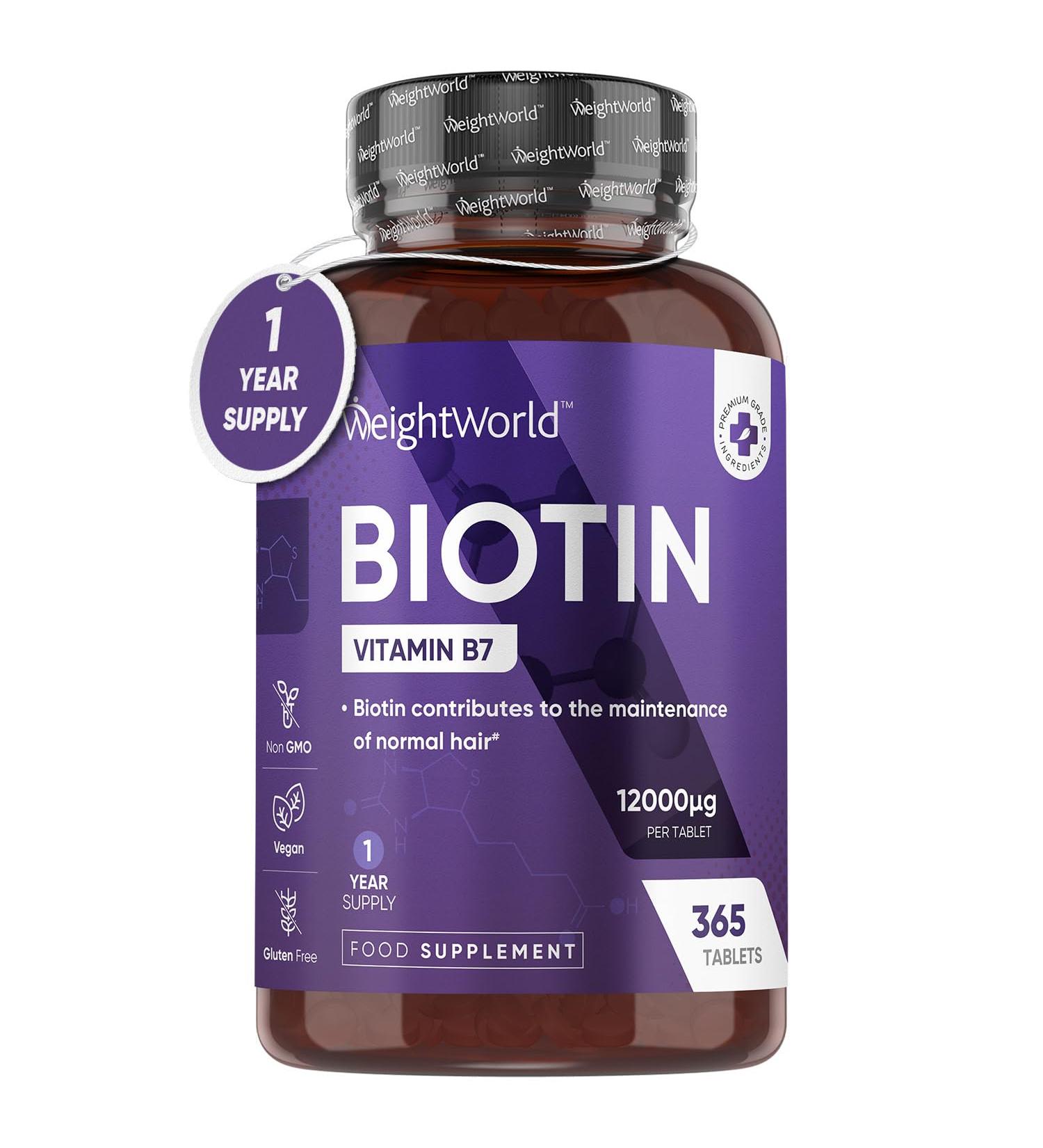 Biotin Hair Growth Supplement 12000mcg - 365 Vegan Tablets - 1 Year Supply - Hair Skin & Nails Vitamins - High Absorption D-Biotin - for Women & Men - Hair Growth Vitamins - Buy Online on GoSupps.com