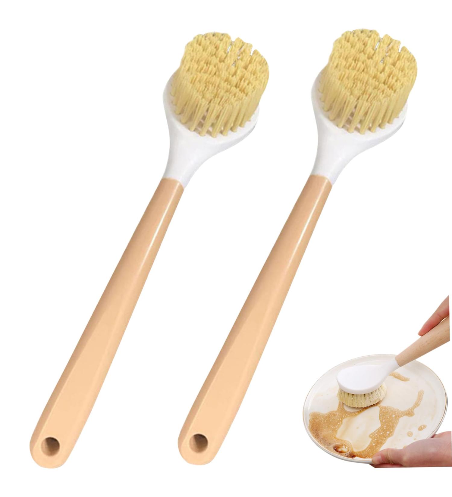 Dish Brush with Handle 2Pcs Dish Scrub Brush Bamboo Dish Brush with Built-in Scraper Dish Washing Brush for Nonstick Frying Pan Cleaning Supplies - Buy Online on GoSupps.com