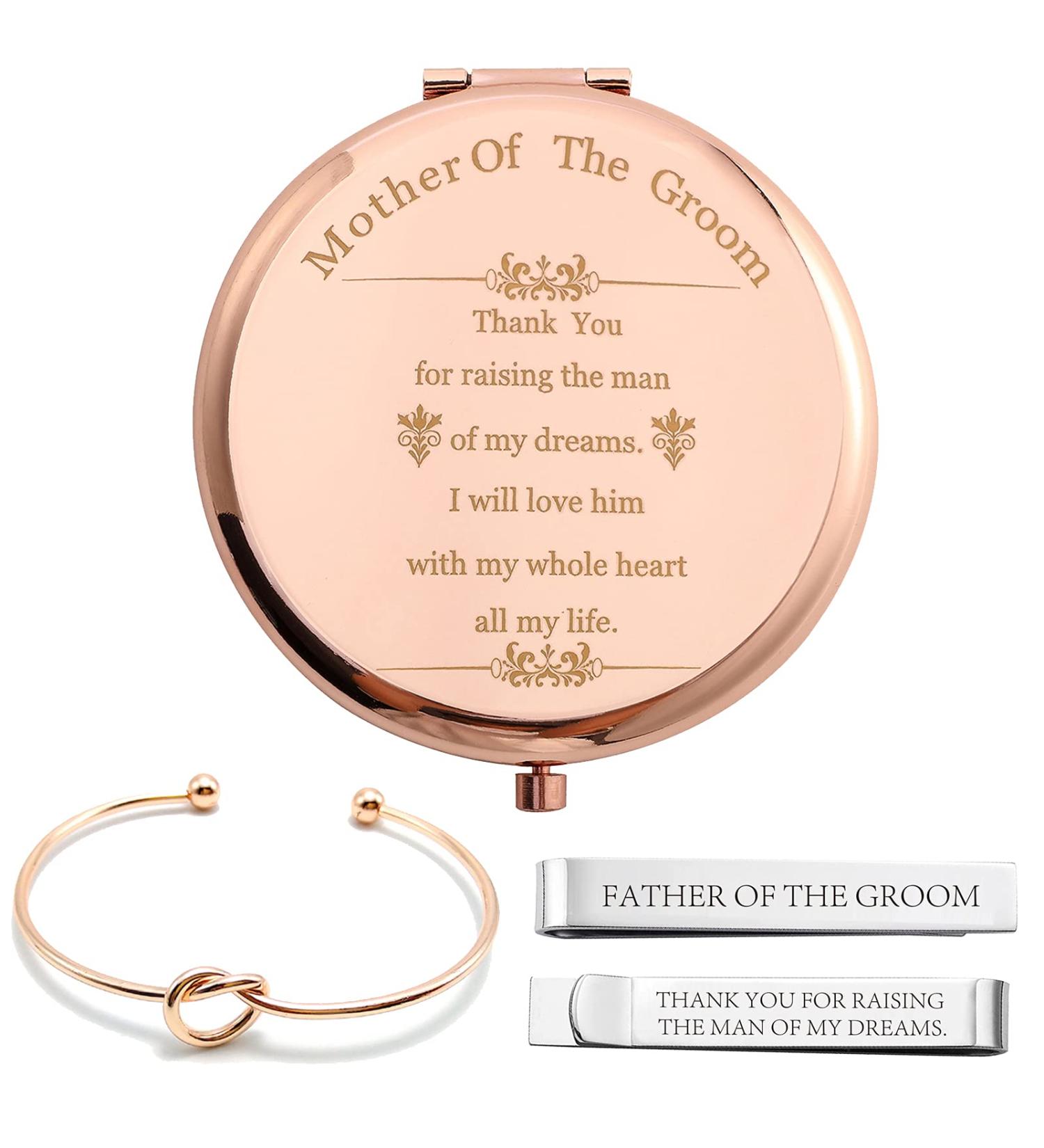 COFOZA Mother & Father of The Groom Gifts Set - Rose Gold Compact Mirror, Knot Bracelet, Tie Clip - Engagement/Wedding Proposal Gifts - Buy Online on GoSupps.com