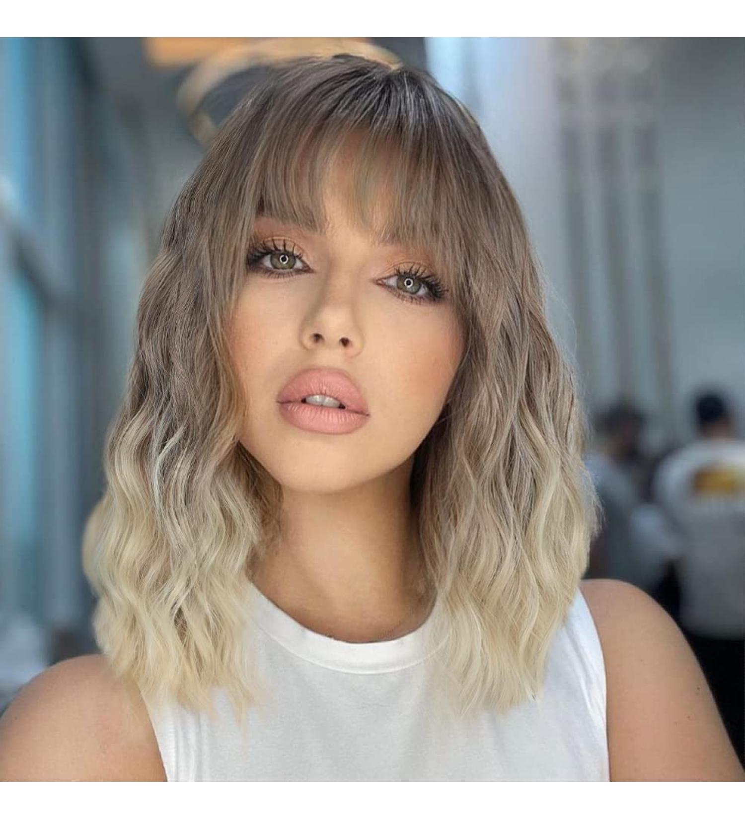 Gradient Blonde AISI HAIR Synthetic Wavy Curly Bob Wig with Bangs - Shoulder Length Ombre Wig for Women - Buy Online on GoSupps.com