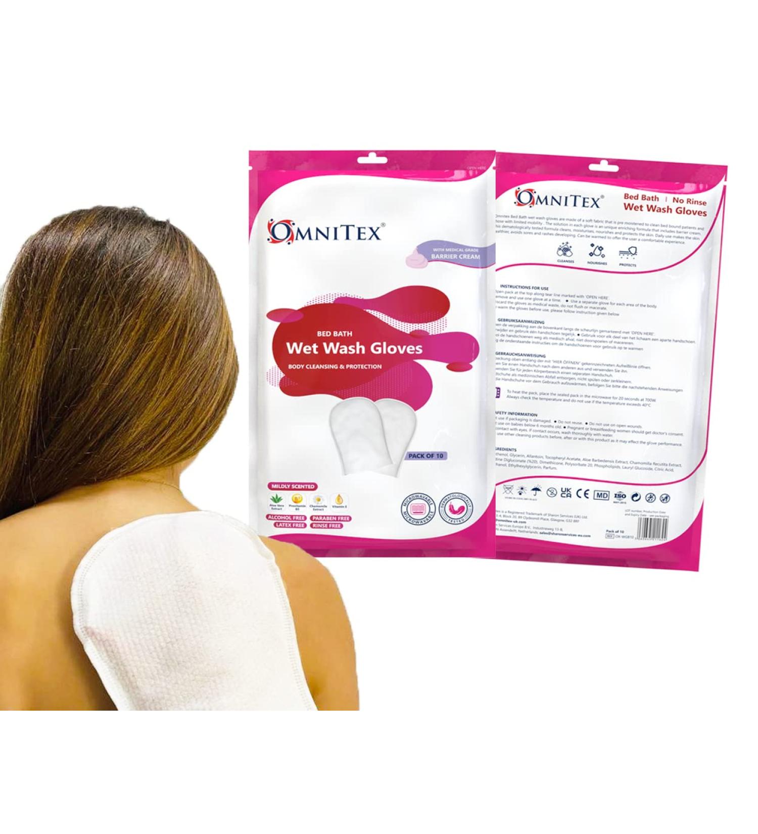 Omnitex Premium Bed Bath Wet Wash Gloves 20pk - Microwavable with Dimethicone Barrier Cream, Aloe Vera & Vitamins | Rinse Free Incontinence Bed Bath Wipes in Glove Shape | Alcohol Free | 2X 10pk - Buy Online on GoSupps.com