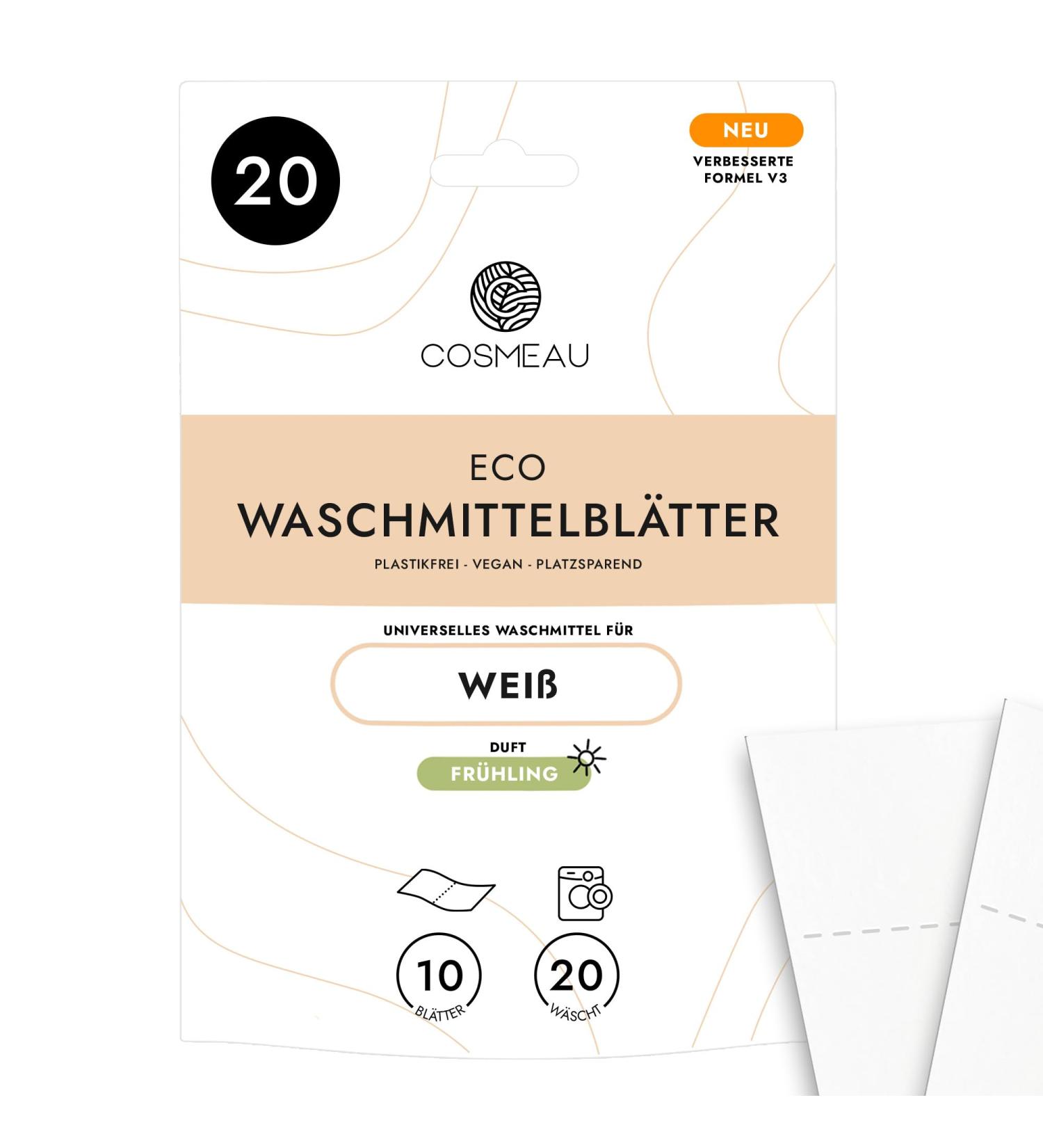 Cosmeau Plastic-Free Detergent Leaves for White Laundry - Fresh Spring - 20 Washes (10 Leaves) - Sustainable Travel Detergent - Buy Online on GoSupps.com