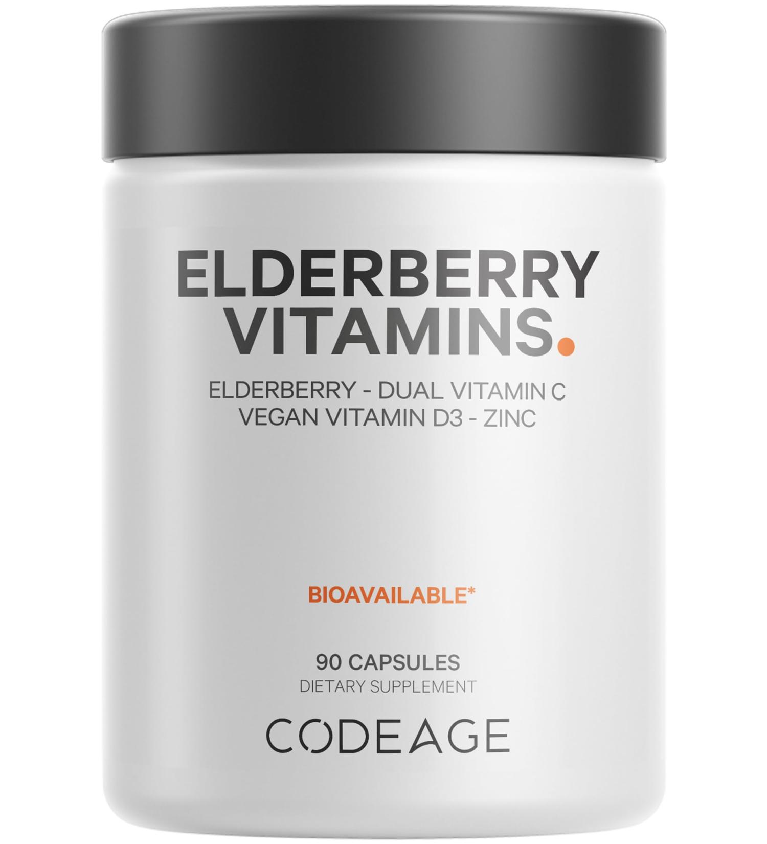Codeage Elderberry Vitamins - Organic Fermented Elderberry Blend Vitamin C from Ascorbic Acid & Organic Acerola Cherries Vitamin D3 Zinc Sambucus Berries - 90 Capsules - Buy Online on GoSupps.com