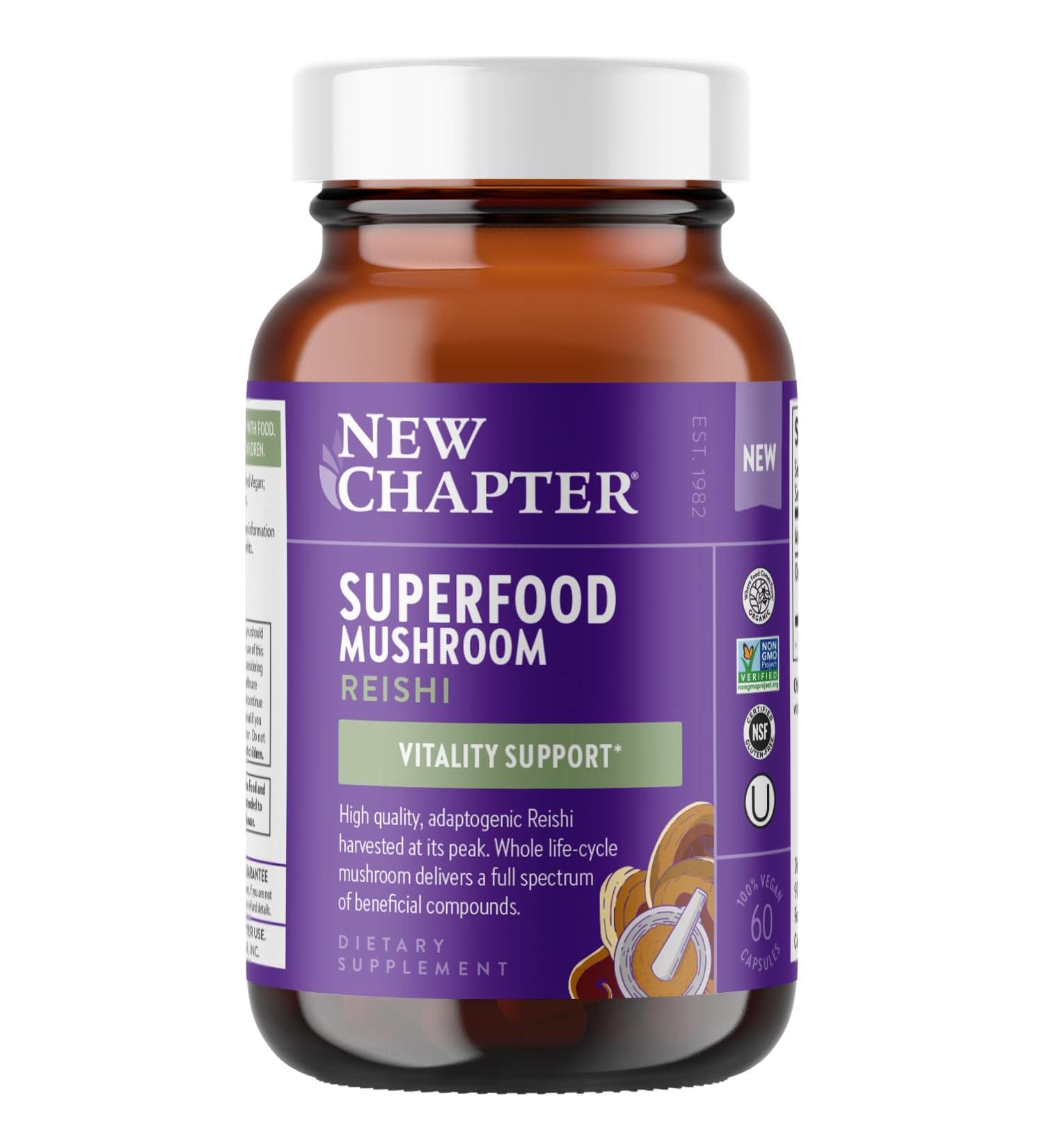 New Chapter Superfood Reishi Mushroom Capsules Certified Organic USA-Grown 100% Vegan Mushroom Supplement for Vitality Support* Non-GMO Certified Gluten Free 60 ct - Buy Online on GoSupps.com