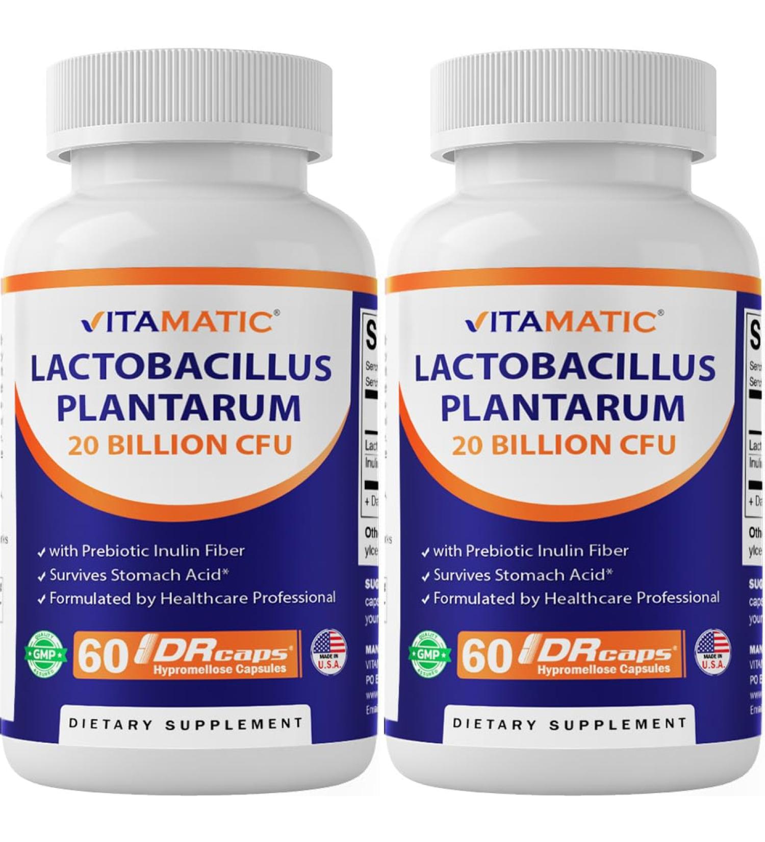 Vitamatic Lactobacillus Plantarum - 20 Billion per DR Capsule - 60 Count - Digestive Support - Made with Prebiotic Inulin Fiber-2 Pack 120 Count (Pack of 1) - Buy Online on GoSupps.com