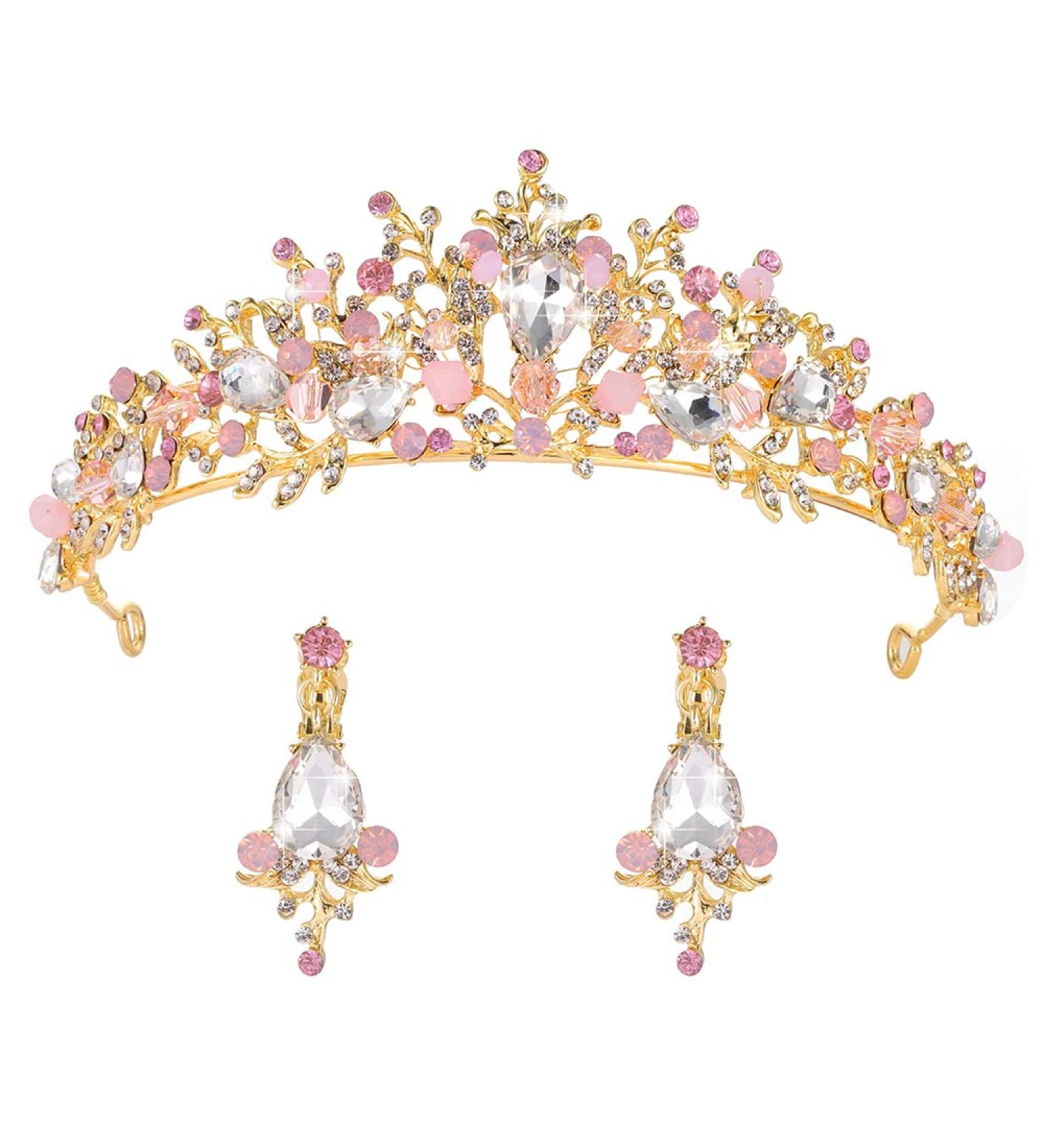 Kamirola Pink Wedding Crown Bridal Tiaras & Earrings Set for Women/Girls - Buy Online on GoSupps.com