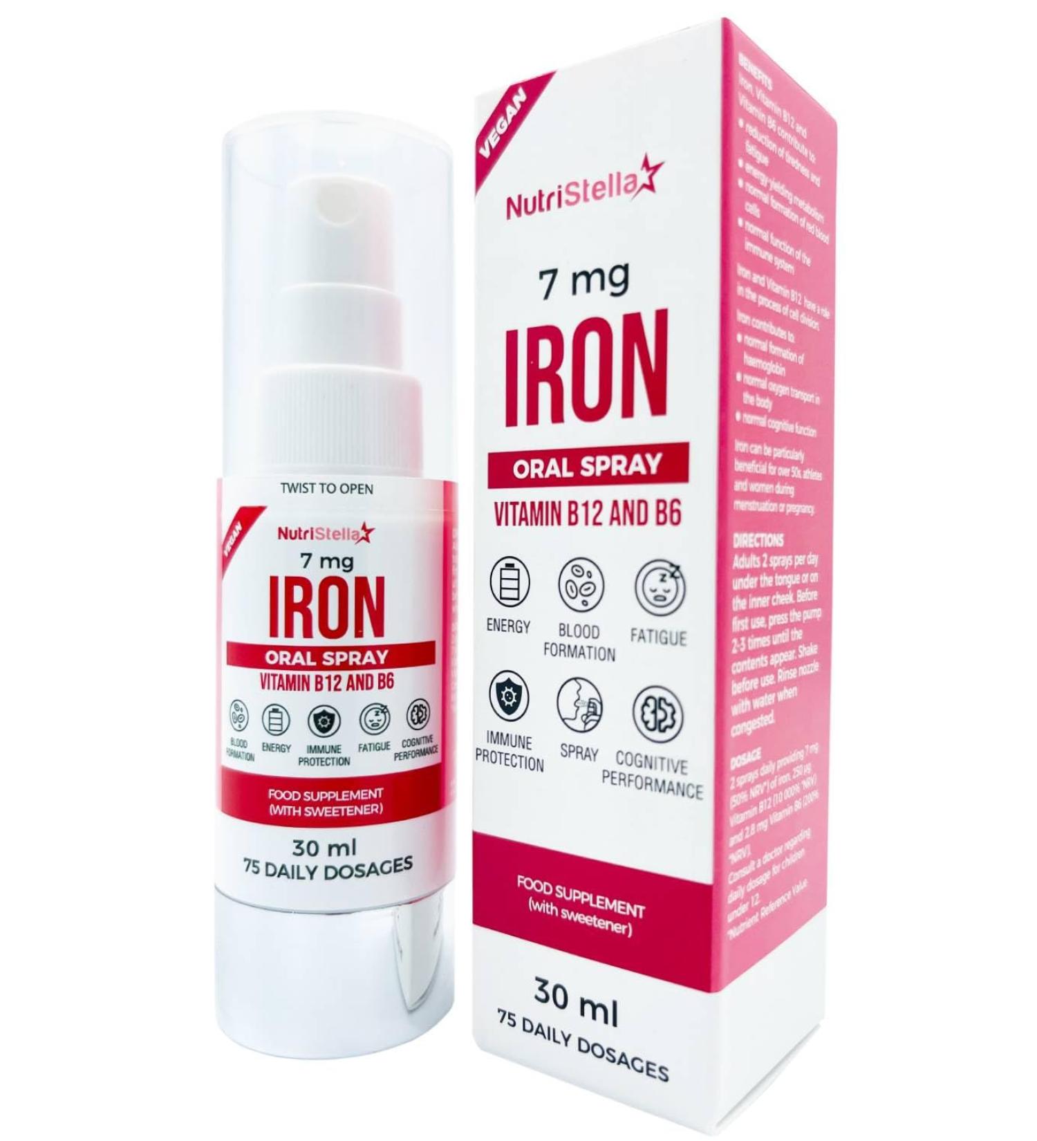 Nutripella Iron Spray - High Bioavailability B12 & B6 - 75 Daily Doses for Energy Immunity & Red Blood Cell Support - Gentle on Stomach - Fast Acting - Great Flavor - Buy Online on GoSupps.com