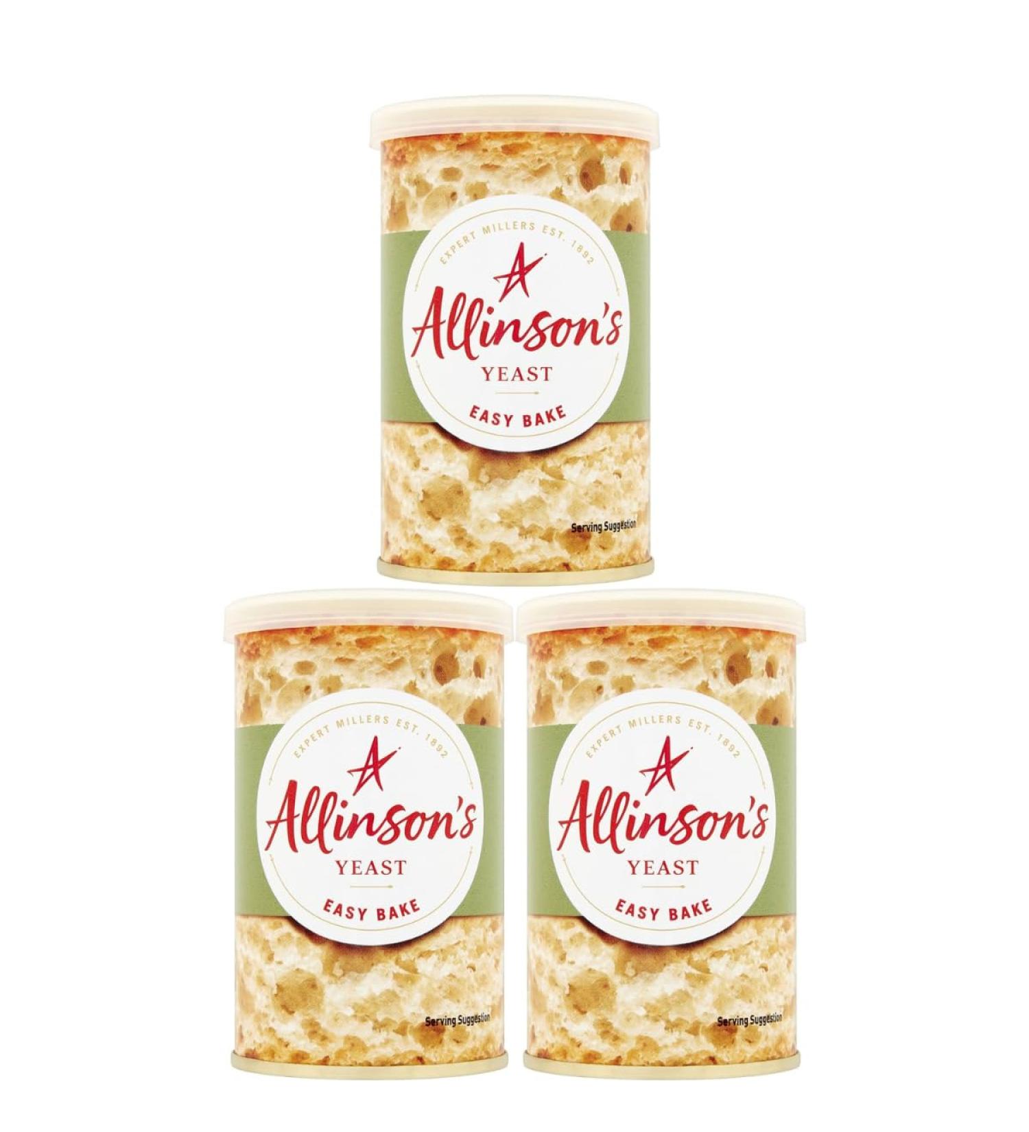 Allinson's Easy Bake Yeast Tin 100g X 3 Tins Quality ingredients Better baking every time For bread makers & hand baking Makes up to 14 loaves Suitable for vegetarians and vegans - Buy Online on GoSupps.com