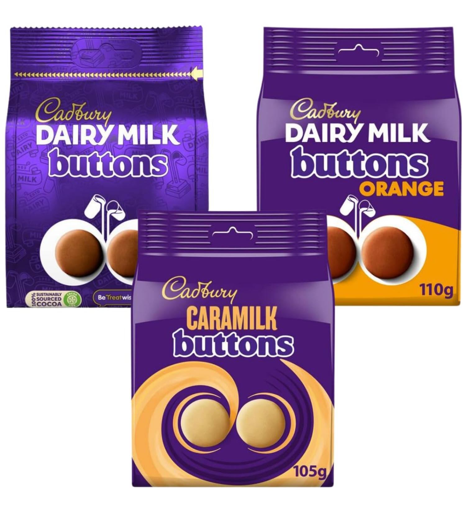 Chocolate Buttons Bundle with Dairy Milk Giant Buttons Chocolate Bag 119g Orange Giant Buttons 110g & Caramilk Golden Caramel Bag 105g (3 Pack) - Buy Online on GoSupps.com