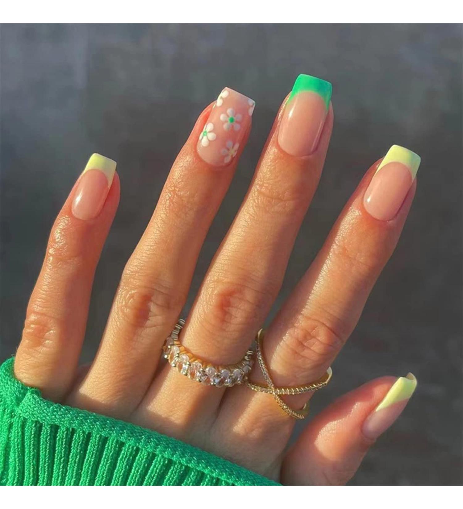 French Tip Press On Nails Short with White Flower Design | Yellow Green French False Nails | Spring Acrylic Stick On Nails for Women - Buy Online on GoSupps.com