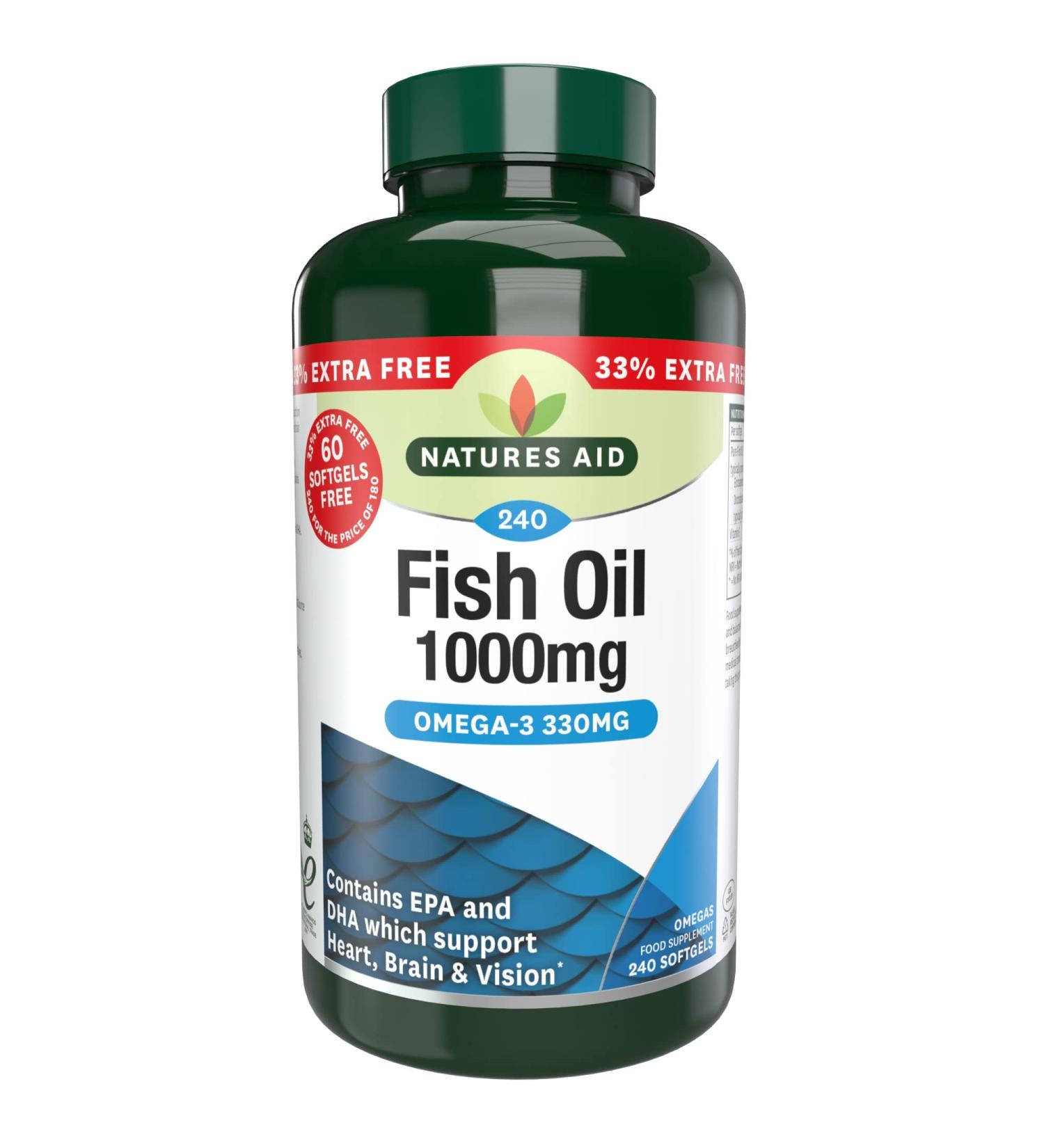Natures Aid Fish Oil 1000mg | Omega 3 (180mg Epa & 120mg Dha) | 240 Softgels | Made In The UK | Extra Value Pack 240 Capsules - Buy Online on GoSupps.com