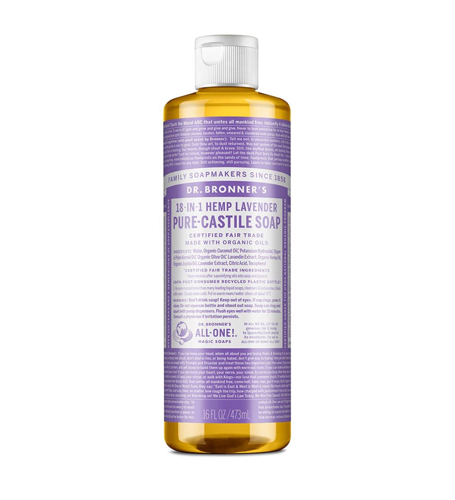 Dr. Bronner's Lavender Pure-Castile Liquid Soap 16oz - Organic Oils - 18-in-1 uses for Face, Body, Hair, Laundry, Pets & Dishes - Vegan & Non-GMO - Buy Online on GoSupps.com