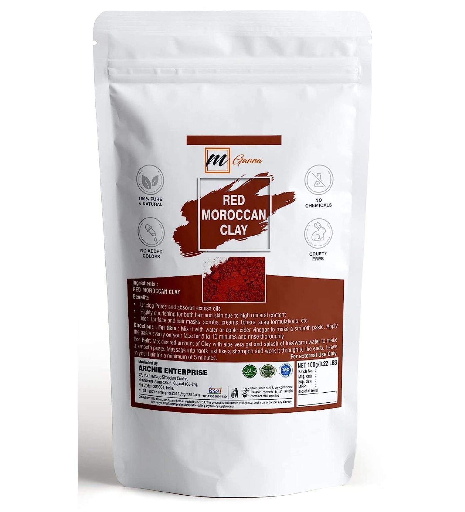 mGanna 100% Natural Moroccan Red Clay Powder 0.22 lbs/ 100 g for Anti-Ageing & Skin firming Hair Masks Scrubs Creams and Soap Making - Buy Online on GoSupps.com