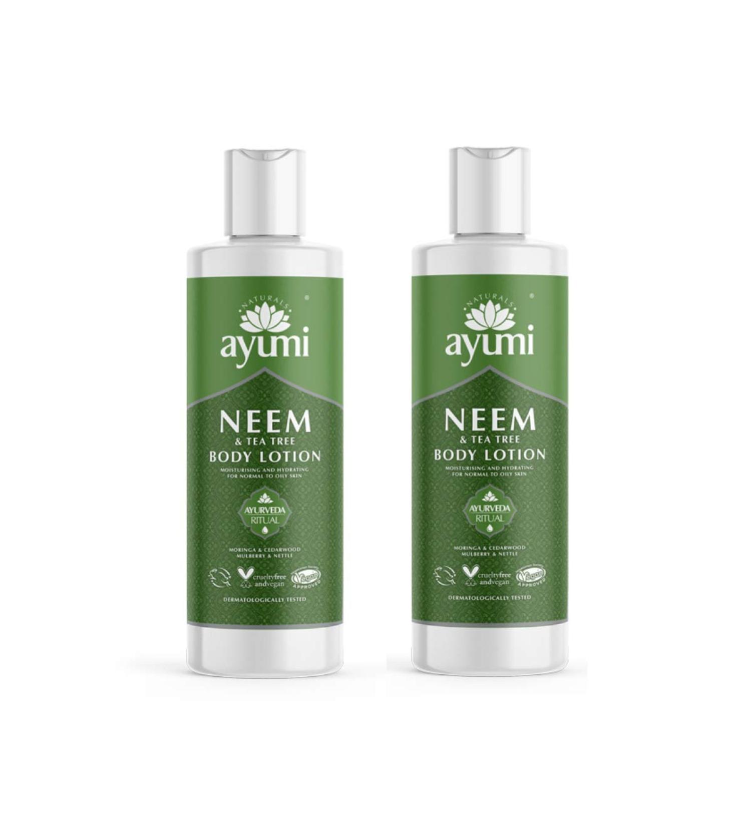 Ayumi Neem & Tea Tree Body Lotion - Vegan Cruelty-Free Dermatologically Tested - 2 x 250ml - International Shipping Available - Buy Online on GoSupps.com