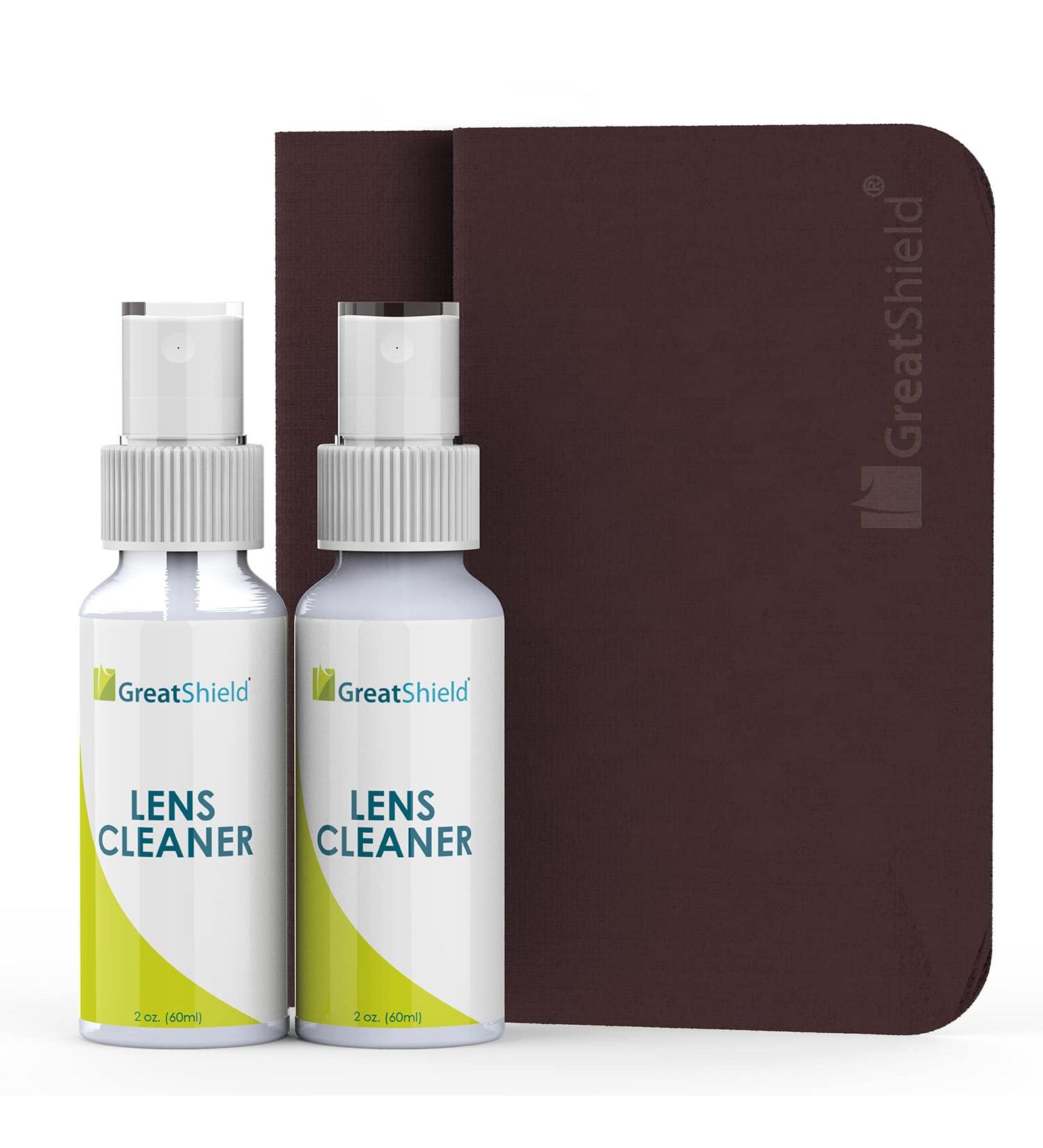 GreatShield Lens Cleaner Spray Kit - 2oz Bottles, 2 Microfiber Cloths - Streak-Free, Alcohol-Free Solution for Eyeglasses, Cameras - Removes Fingerprints, Dust, Oil - Safe for All Lenses - Buy Online on GoSupps.com