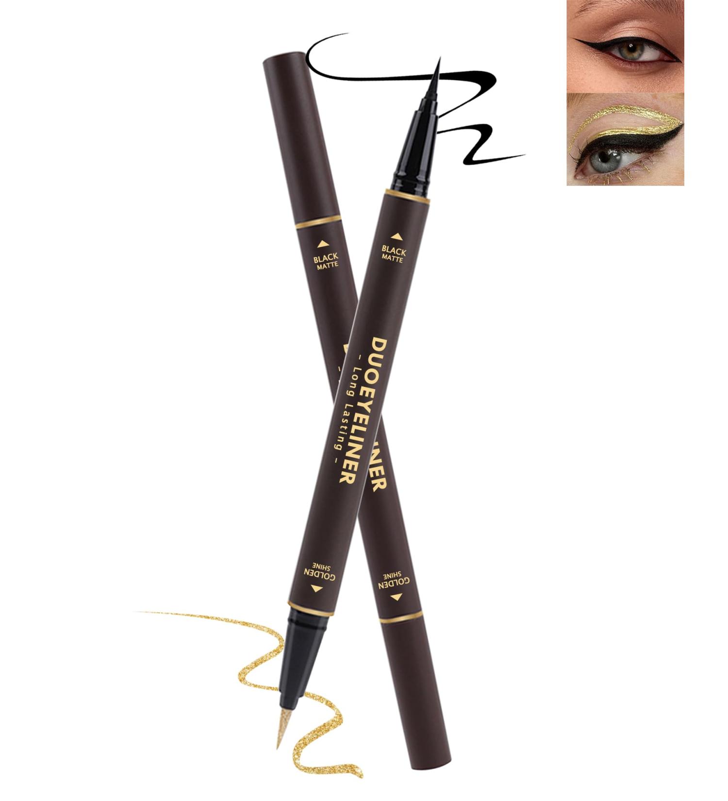 Black Gold Liquid Eyeliner Makeup Pen 2-in-1 Metallic Shimmer Glitter Eyeliner Pencil Waterproof Smudge Proof Long Lasting High Pigmented Colored Matte Eye liner with Ultra-Fine Tip Gift for Women-02 02# - Buy Online on GoSupps.com
