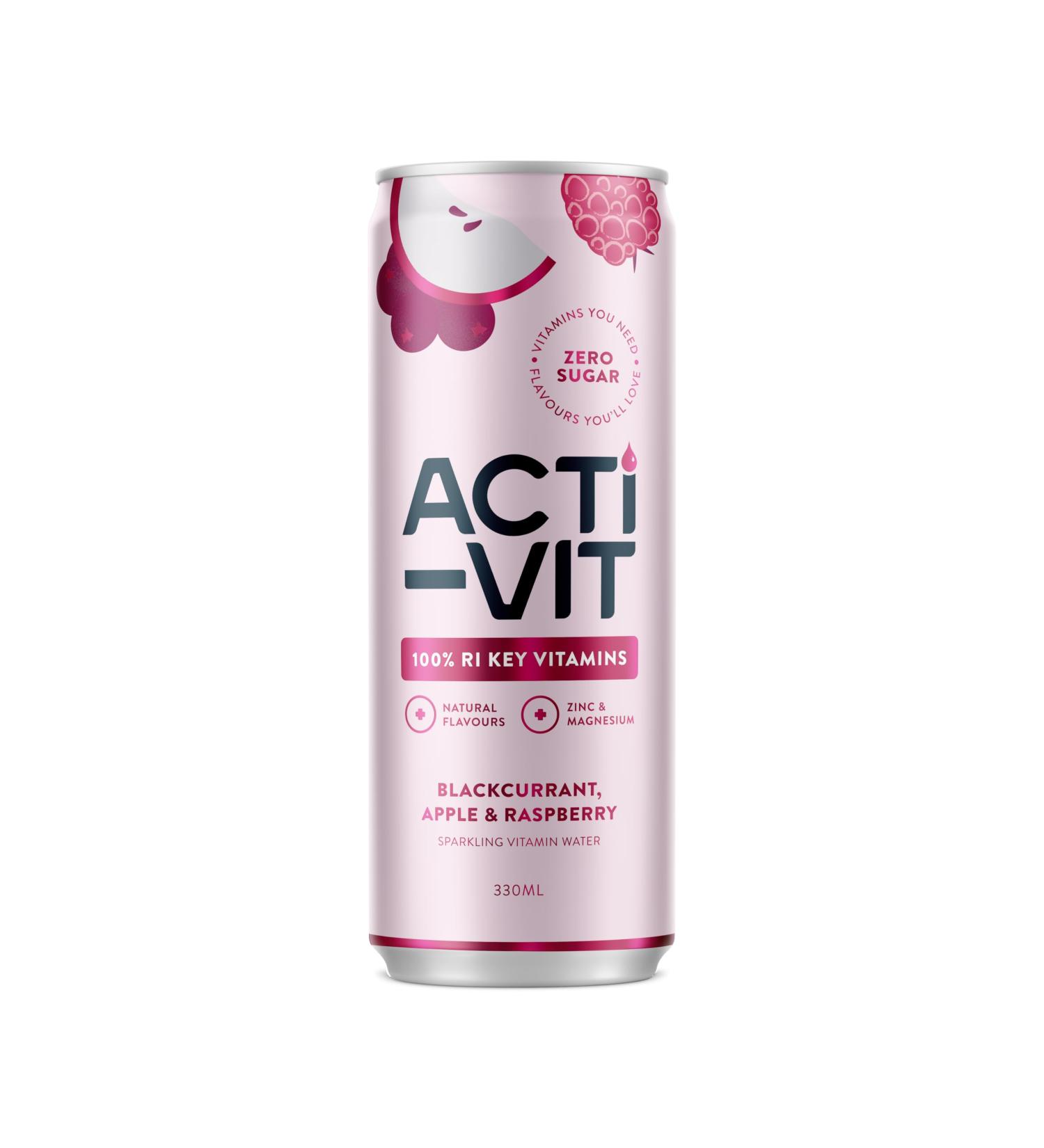 Acti-Vit Sparkling Vitamin Water Cans | B Vitamins B5 B6 B9 B12, Vitamin C, D, Zinc & Magnesium | Zero Sugar | 12x 330ml | Blackcurrant Apple & Raspberry Flavor - Buy Online on GoSupps.com