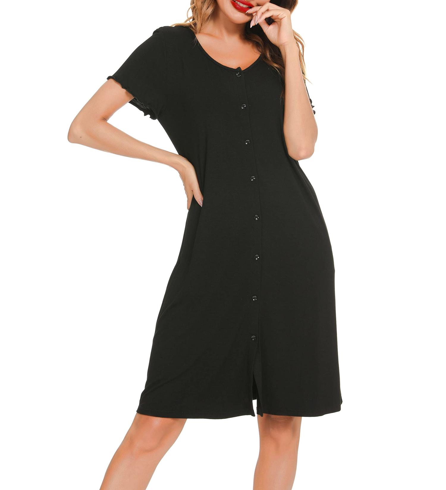 Lovasy Women's Button Down Maternity Nightdress with Pockets - Soft Nighties for Nursing Labor - Black S - Buy Online on GoSupps.com