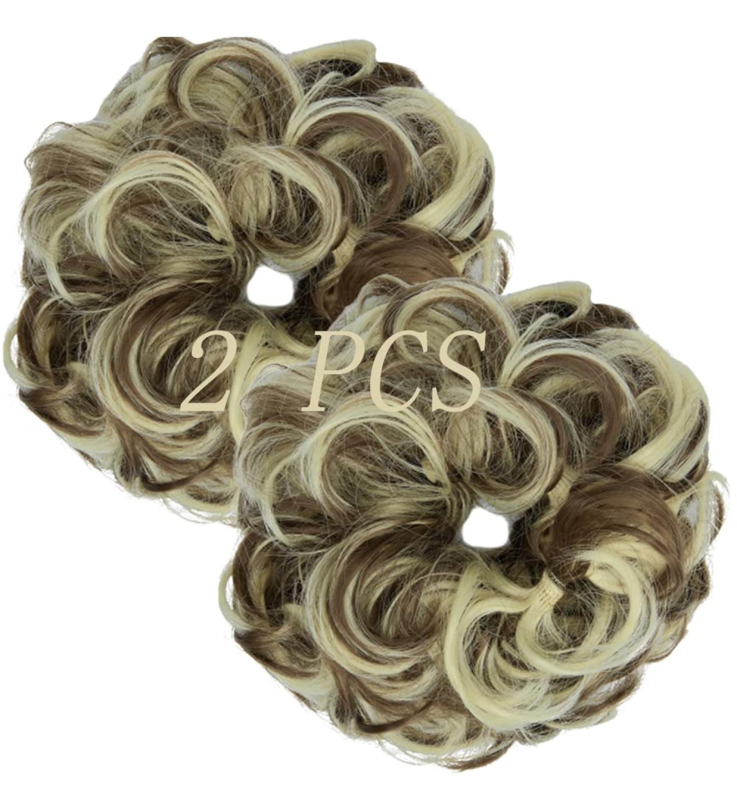 Thick Messy Bun Hair Piece 2 PCS Set - Brown Mix Bleach Blonde Updo Scrunchies Ponytail Extensions for Women - Buy Online on GoSupps.com