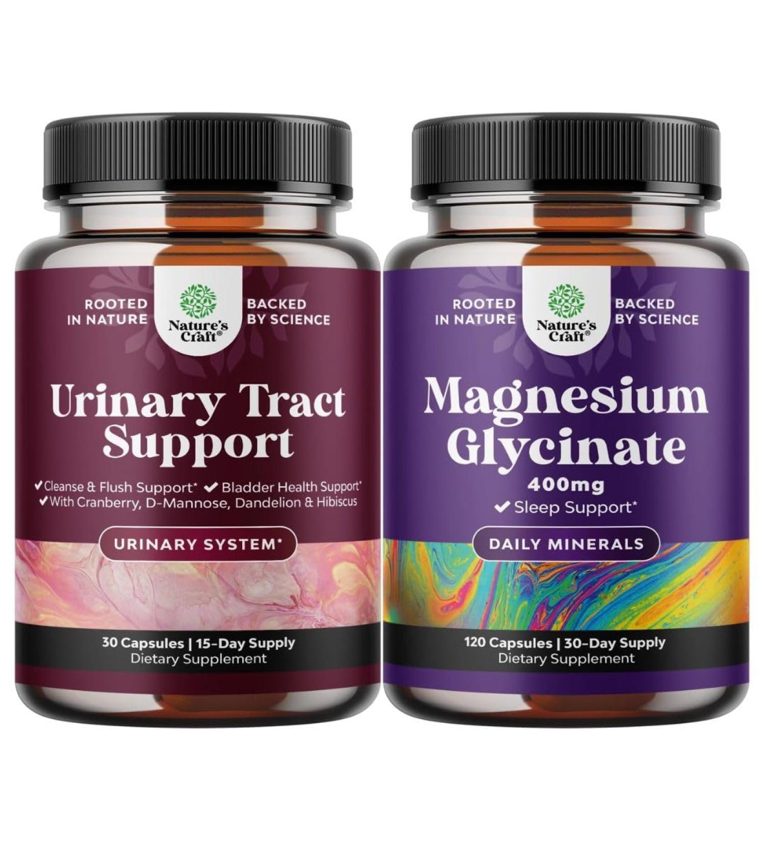Bundle of D Mannose Capsules for Urinary Tract Health with Cranberry Juice Powder & Dandelion and Pure Magnesium Glycinate 400mg Per Serving - Vegan High Absorption Chelated Magnesium Capsules - Buy Online on GoSupps.com