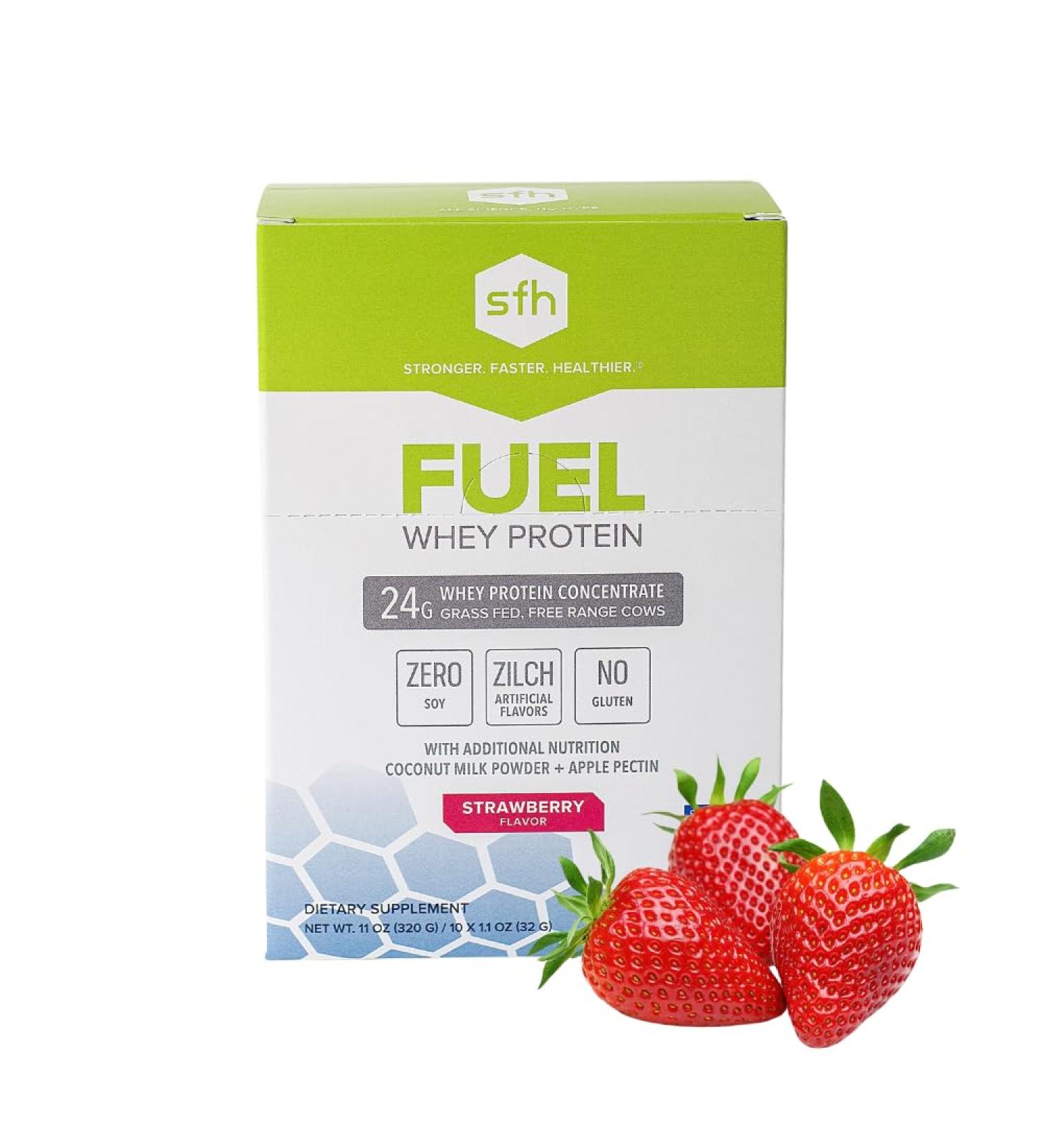 Buy SFH Fuel Whey Protein Powder - Grass Fed All Natural Soy & Gluten Free - Strawberry Flavor - MCTs & Fiber Energy Boost - 10 Pack - Buy Online on GoSupps.com