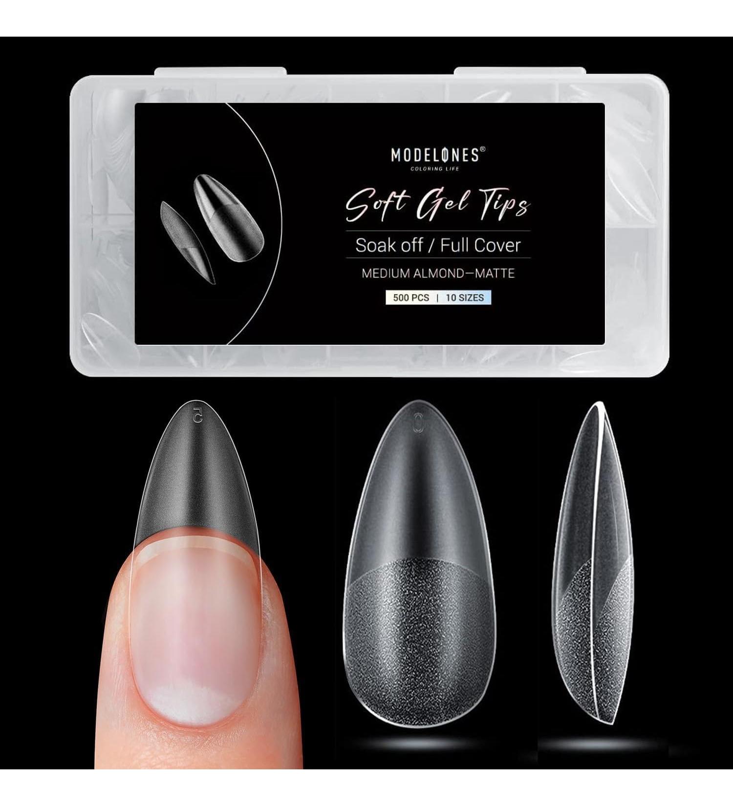 Modelones Nail Tips 500 PCS - Full Cover Soft Gel Tips Set Pre-Shaped Matte PMMA Resin 10 Sizes Medium Almond for Nail Art DIY - Buy Online on GoSupps.com