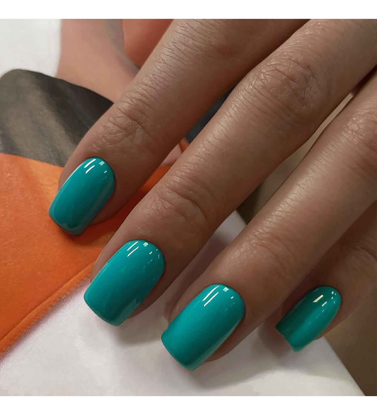 Turquoise Blue Short Square Press on Nails - 24 Pcs Full Cover False Nails with Designs and Nail Glue - Blue Glossy Artificial Acrylic Nails for Women and Girls - Buy Online on GoSupps.com