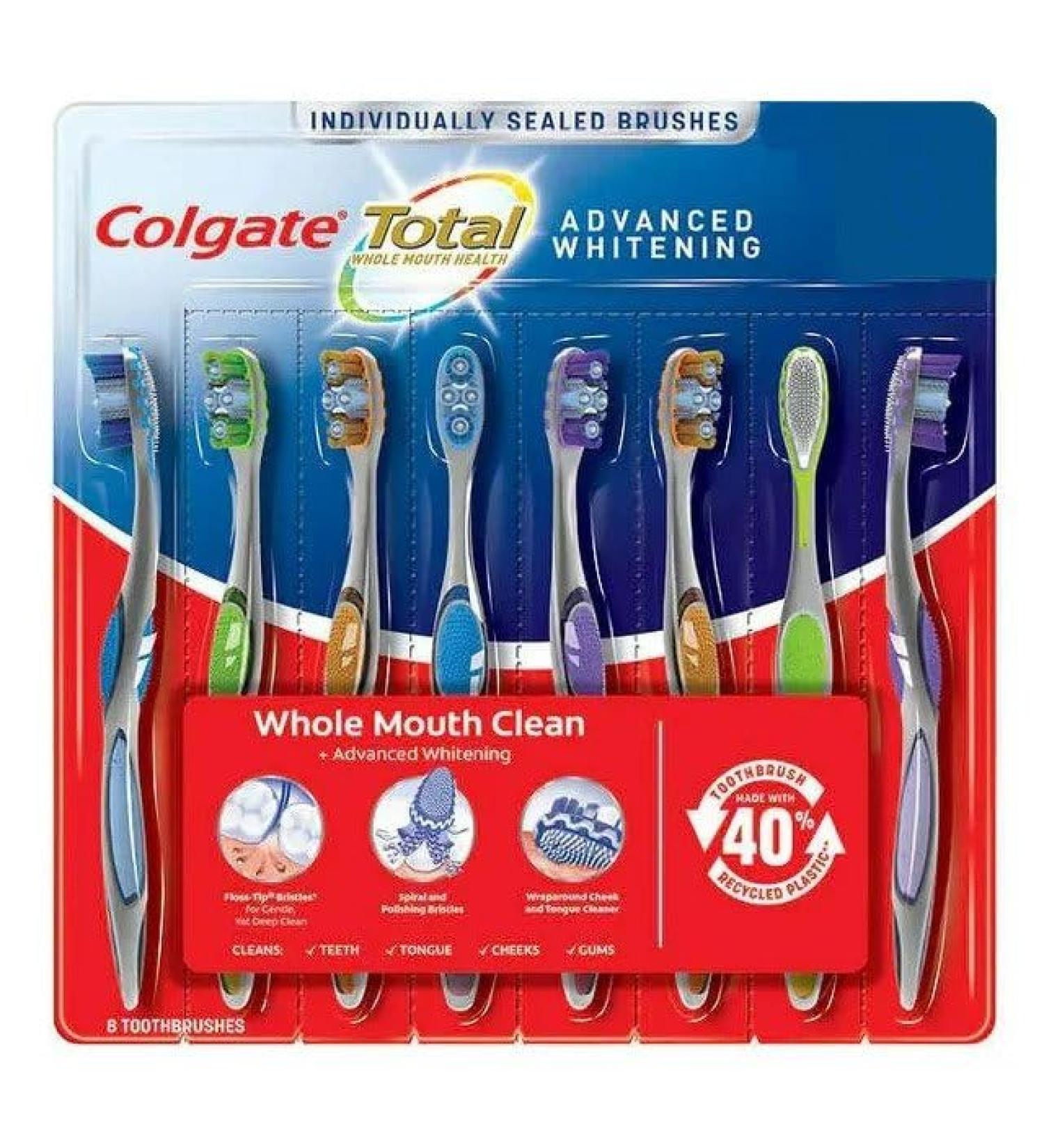 Colgate Total Whole Mouth Health Advanced Whitening Medium Floss Tip Bristles Wraparound Cheek and Tongue Cleaner Spiral Bristles - 8 Toothbrushes