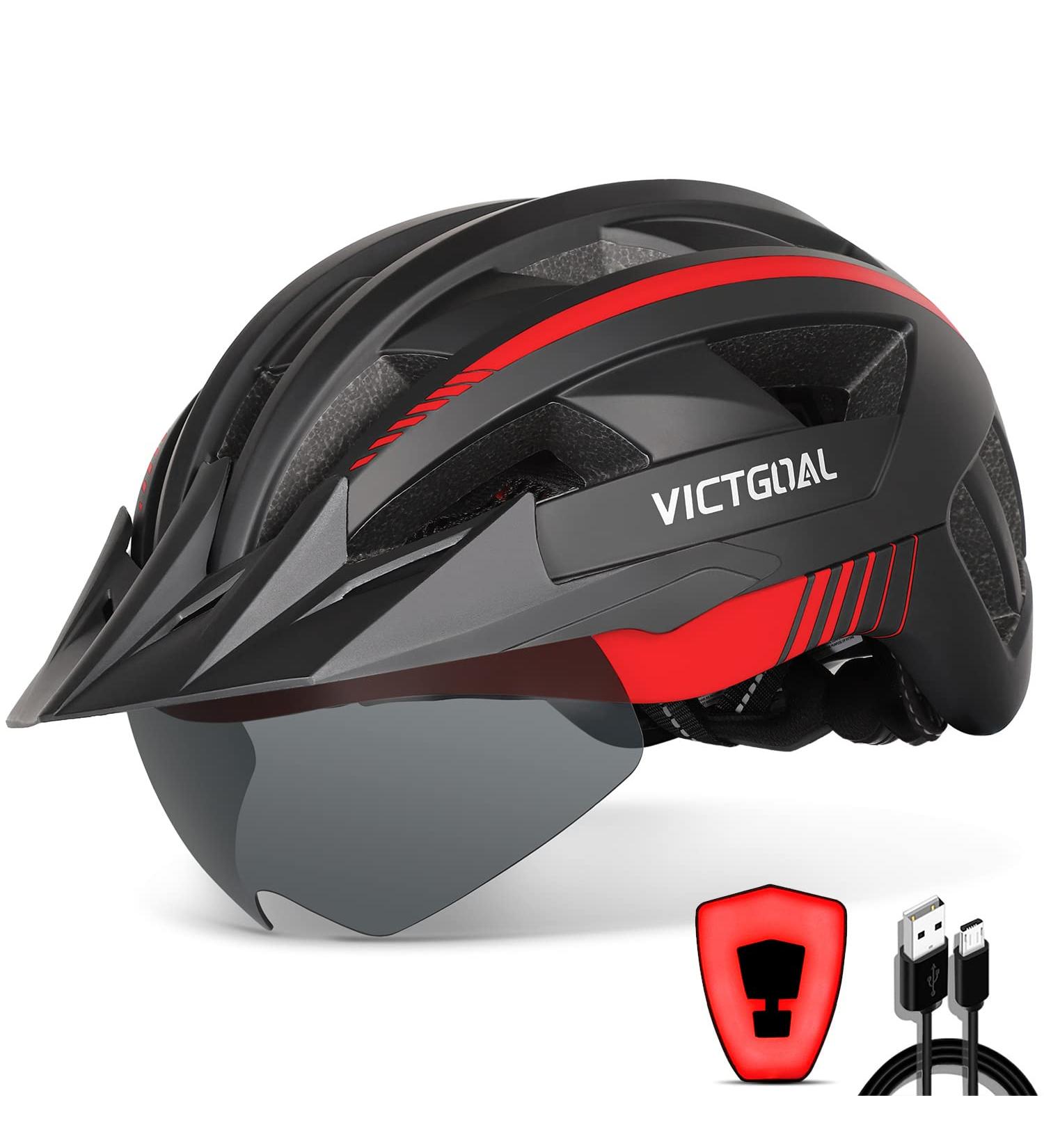 VICTGOAL Bike Helmet with USB Rechargeable Rear Light, Magnetic Goggles, Sun Visor | Black Red | Men Women Adult Cycling Helmet - Buy Online on GoSupps.com