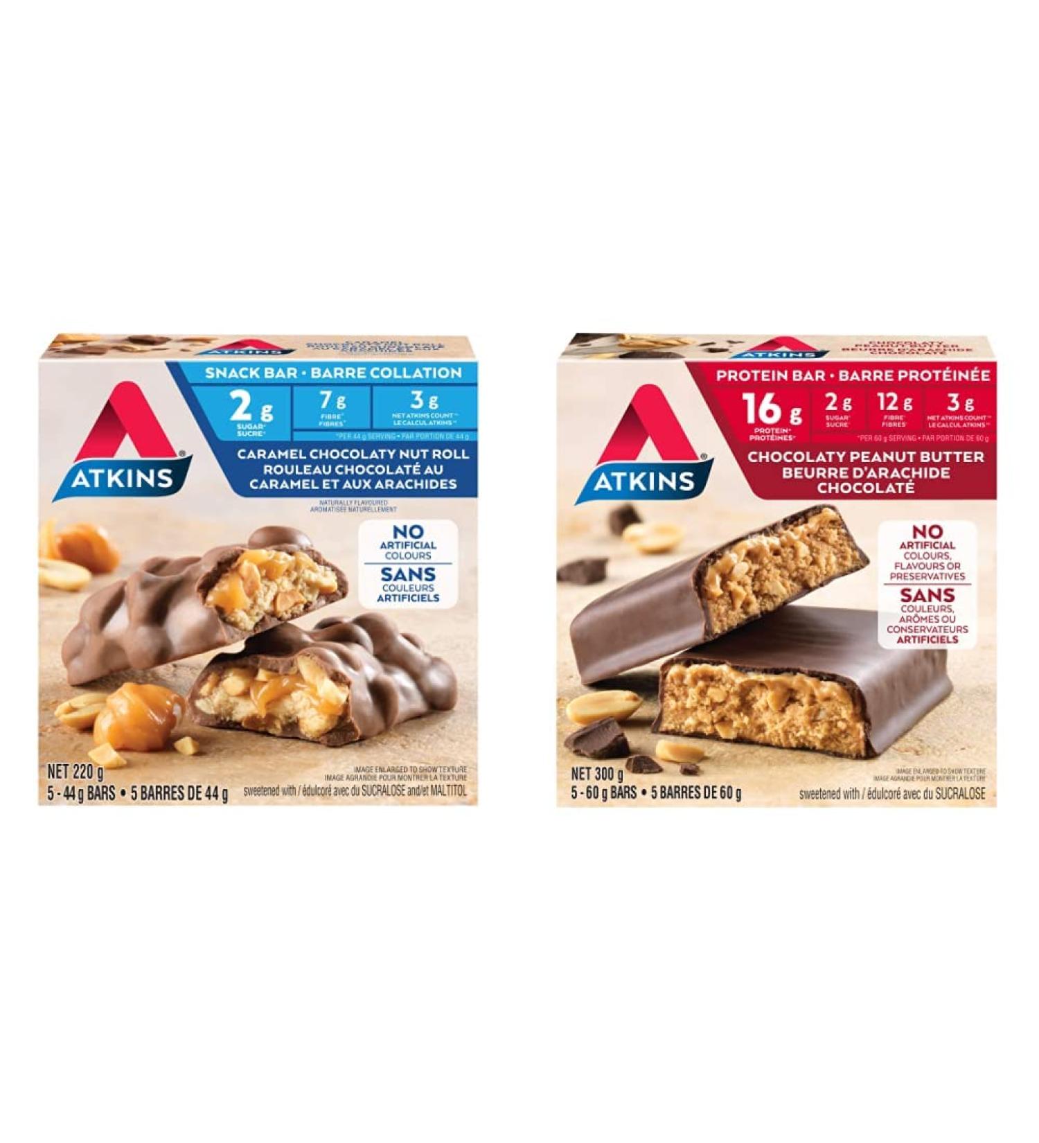 Atkins Snack Bars - Caramel Chocolaty Nut Roll 2g Sugar Keto-Friendly High Fibre 5 count & Protein Bars - chocolaty peanut butter 2g Sugar Keto-Friendly High protein high Fibre 5 count Snack Bars + Protein Bars - Buy Online on GoSupps.com