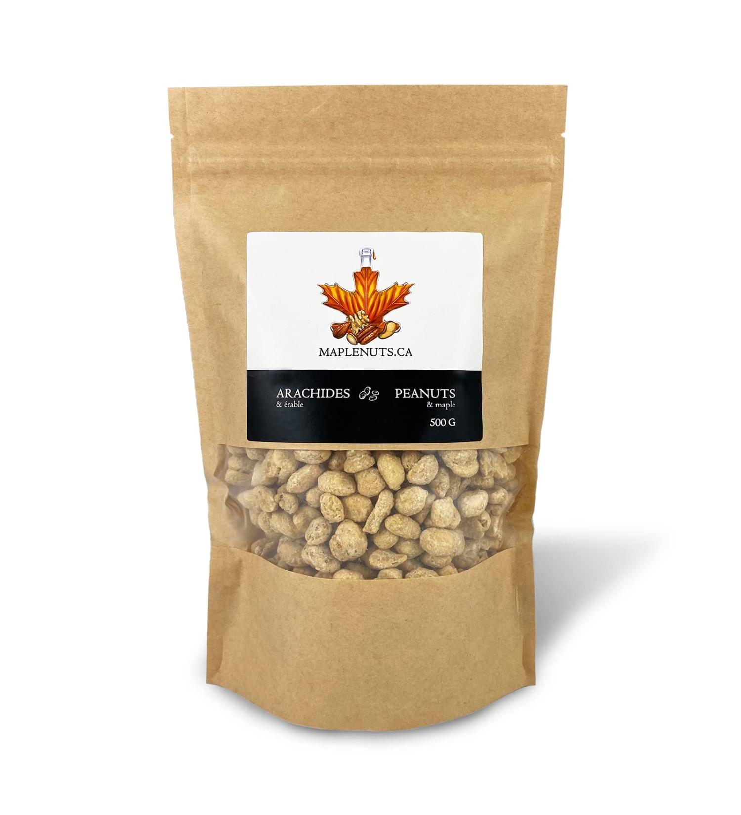 Arachides l' rable et sel de mer - Maplenuts.ca 500 g arachides sirop d' rable 100% pur sel de mer. Arachides fra ches et croquantes liste d'ingr dients simples collation nutritive ou ajouter vos recettes desserts yogourt salades servir avec des fromages  - Buy Online on GoSupps.com